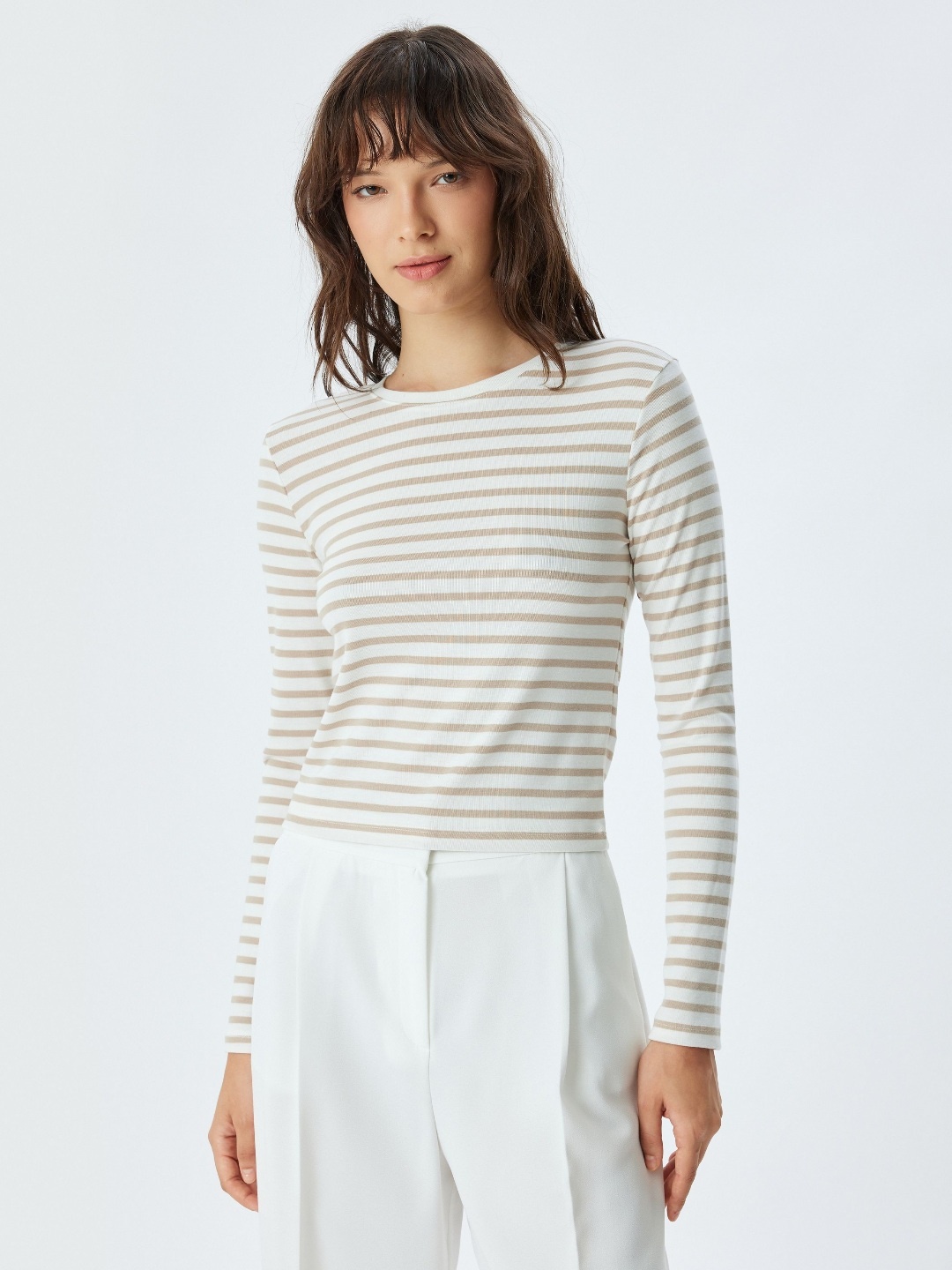 

Koton Women Striped Round Neck T-shirt, White
