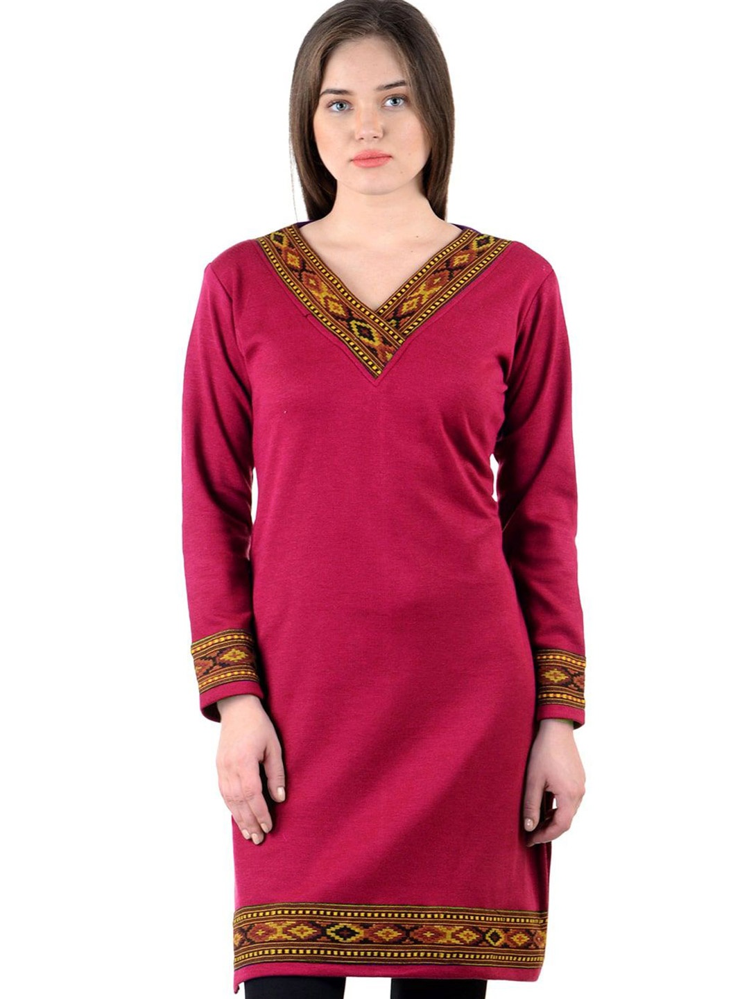 

KALINI Women V-Neck Straight Kurti, Pink