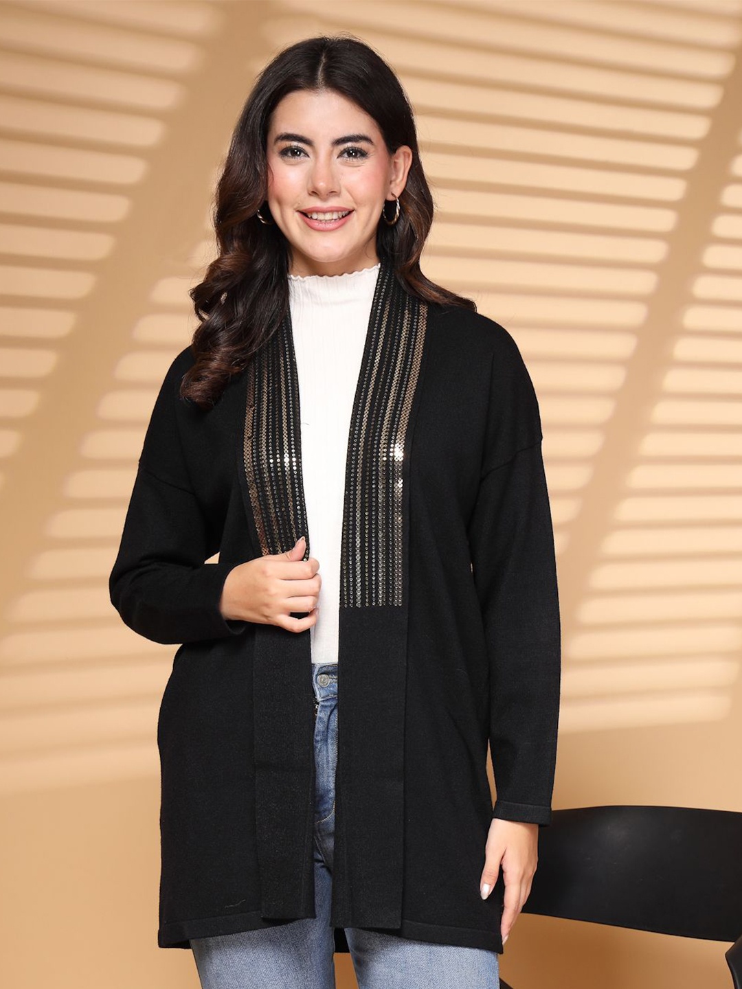 

Mafadeny Women Embellished Longline Shrug, Black