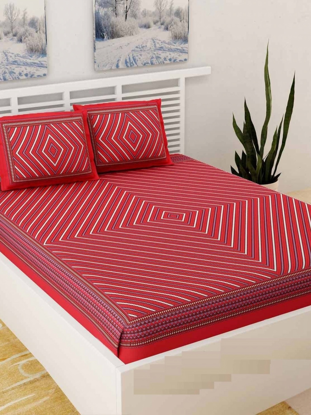 

AYAT COLLECTION Red & White Geometric 144 TC Cotton Queen Bedsheet With 2 Pillow Covers