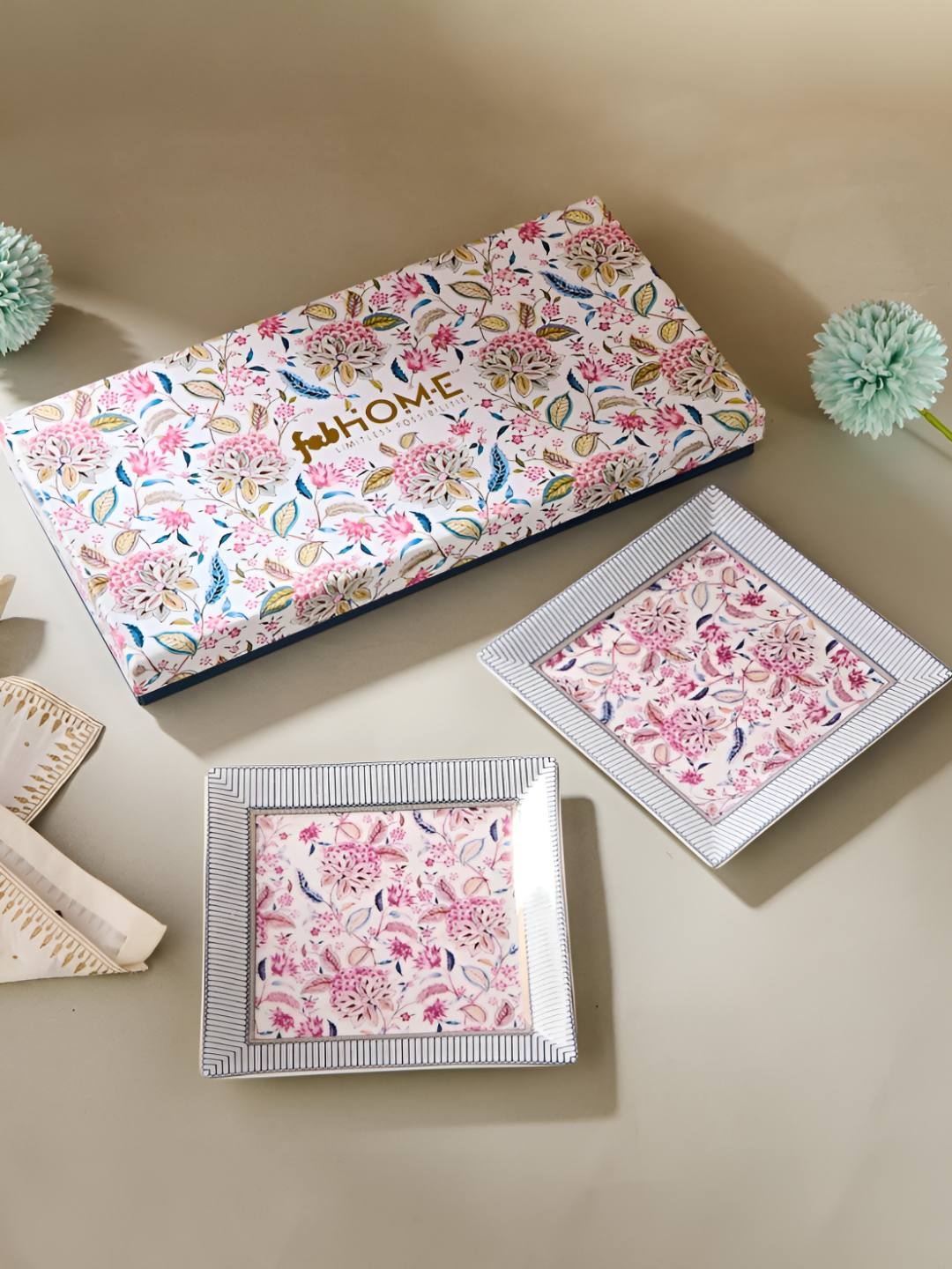 

Fabindia Luxe White & Pink 2 Pieces Floral Printed Ceramic Serving Tray