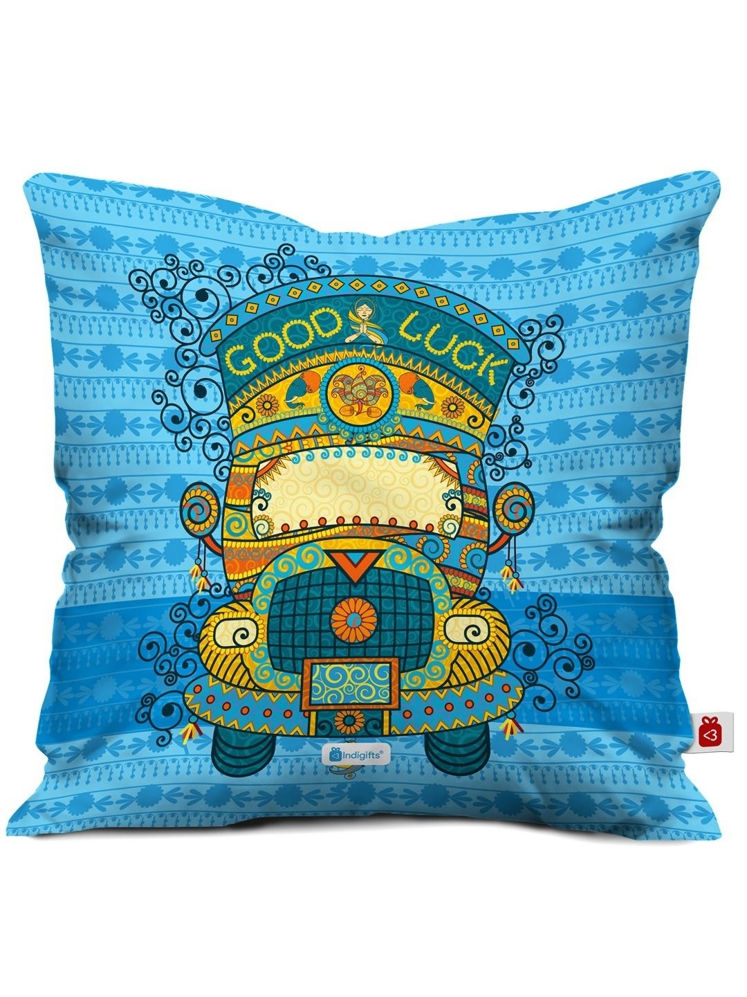 

Indigifts Blue & Yelllow Lorry Ethnic Motifs Printed Satin Square Cushion Covers