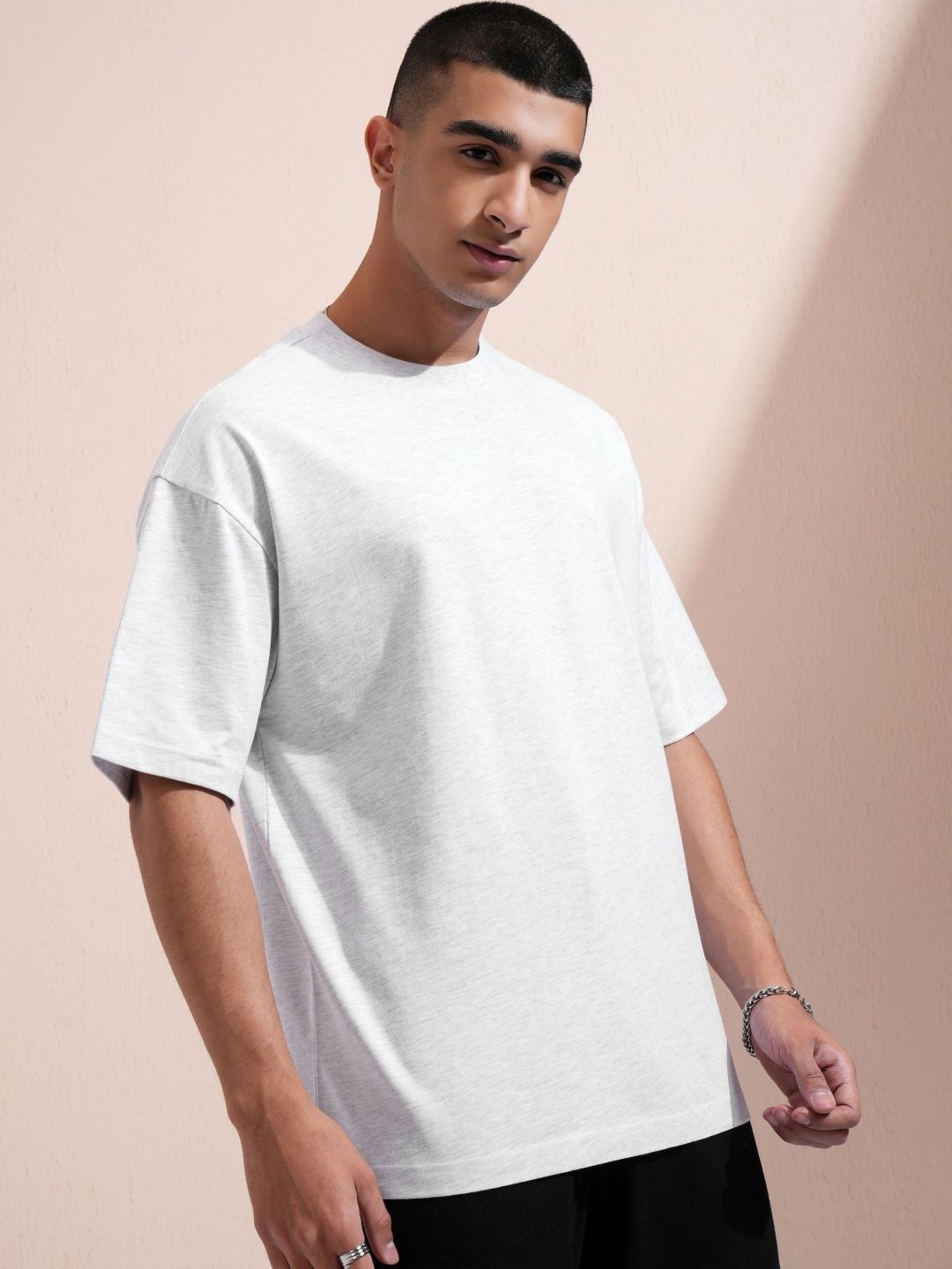 

HIGHLANDER Men Solid Round Neck Cotton Oversized T-shirt, Off white