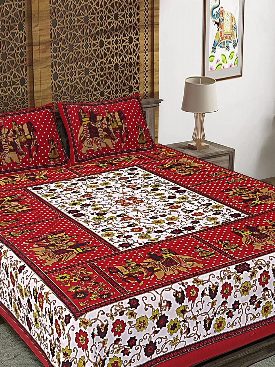 

AYAT COLLECTION Red Floral Printed 144 TC Cotton Queen Bedsheet with 2 Pillow Covers