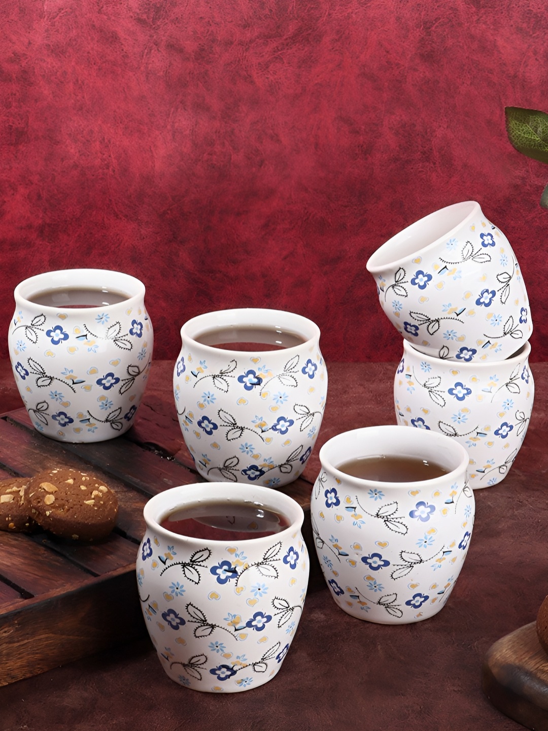 

Aura White & Blue 6 Pieces Printed Ceramic Glossy Kulladhs 170 ml Each