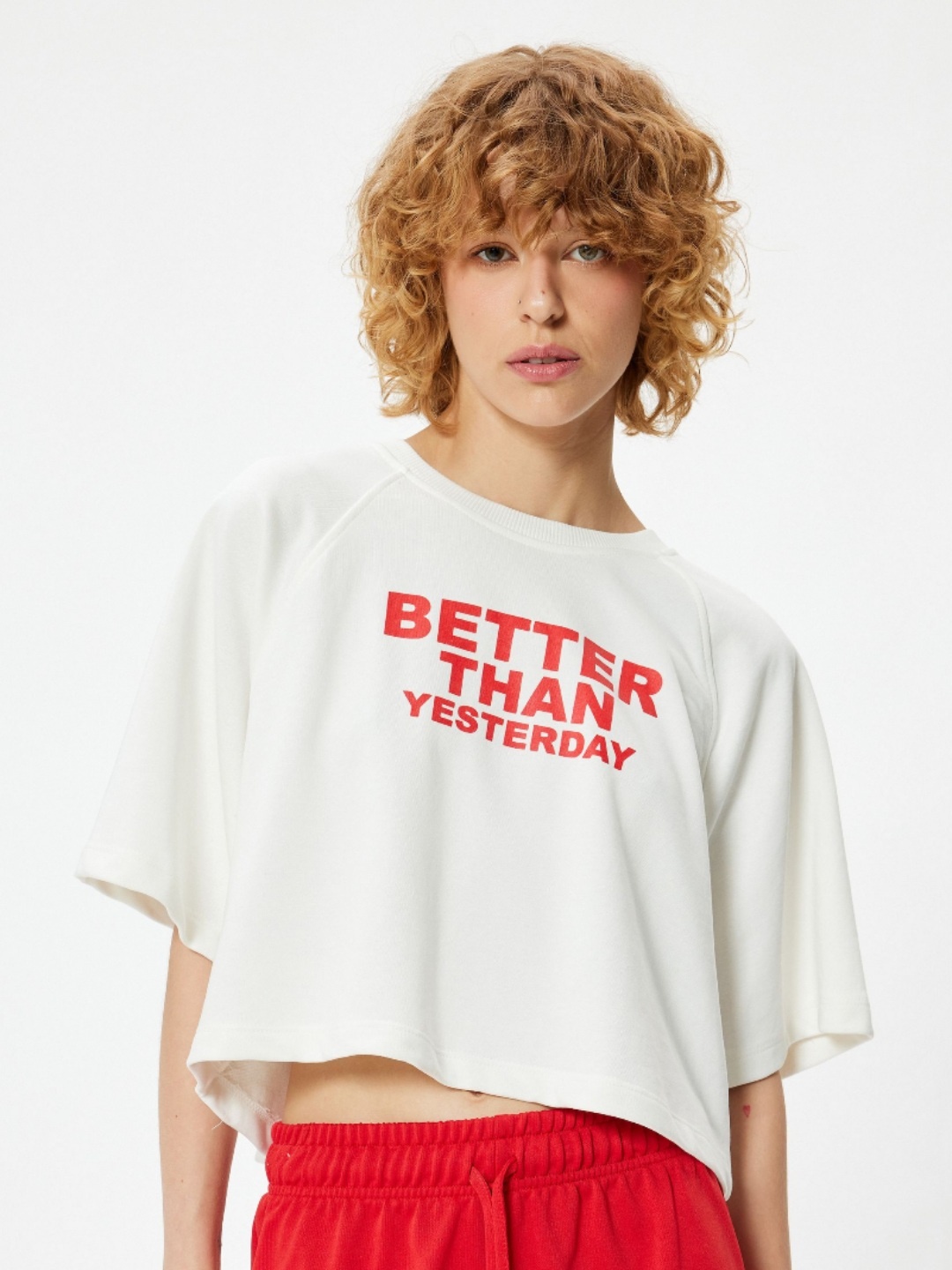 

Koton Women Typography Printed Round Neck Cotton Oversized T-shirt, White