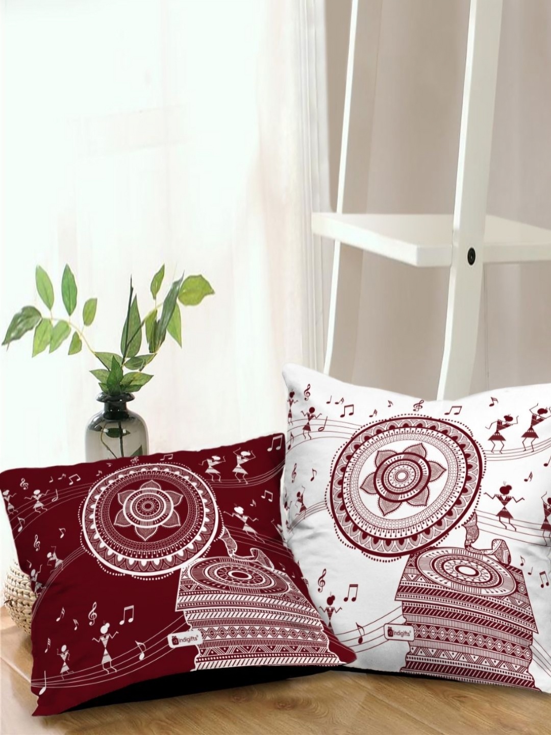 

Indigifts White & Maroon 2 Pieces Ethnic Motifs Printed Square Shaped Cushion Covers