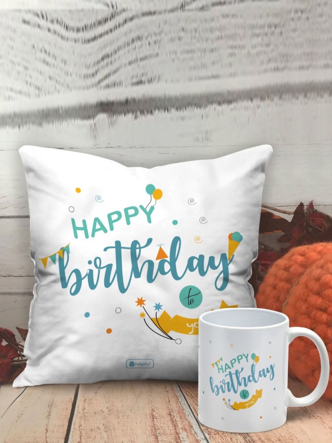 

Indigifts White and Blue 2 Pieces Birthday Quote Printed Cushion Cover & Mug Gift Set