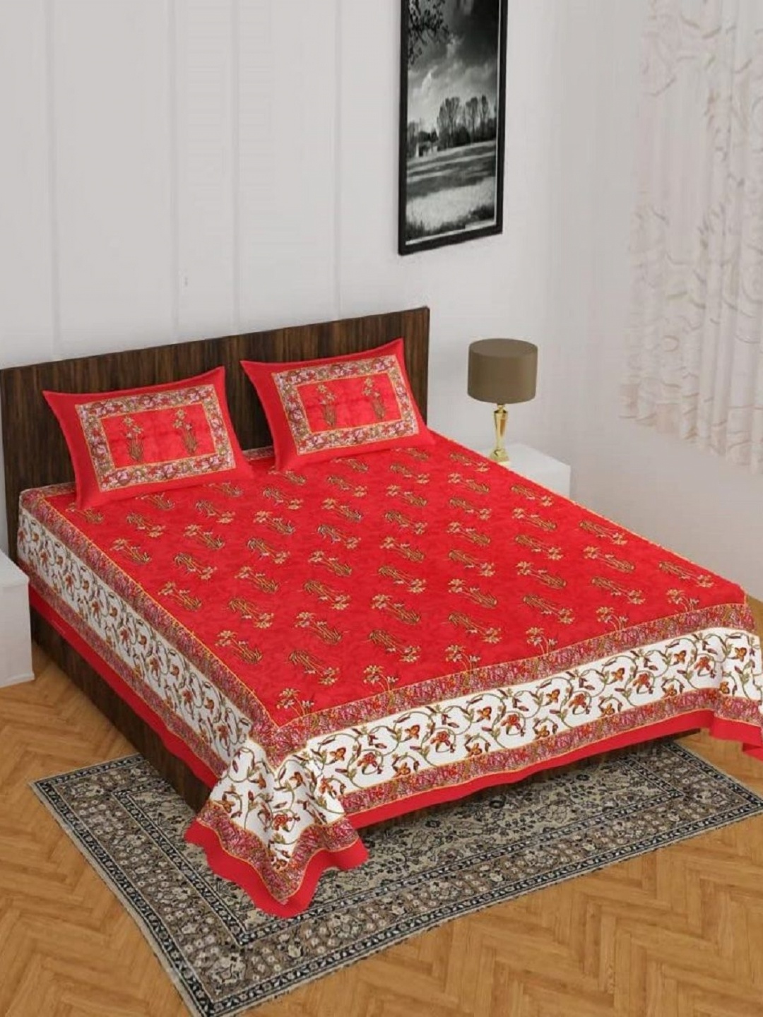 

AYAT COLLECTION Red Floral Printed 144 TC Cotton Queen Bedsheet with 2 Pillow Covers