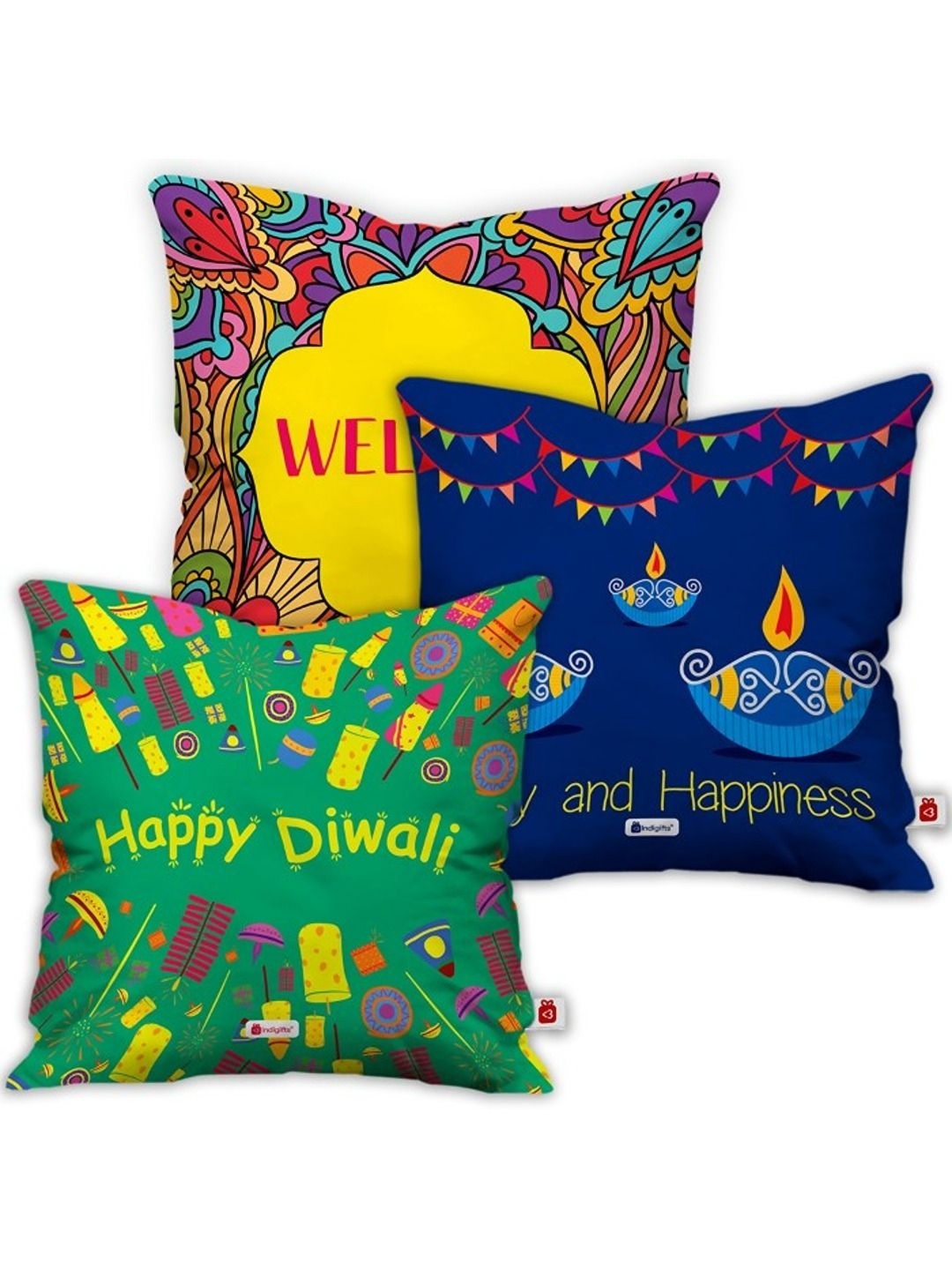 

Indigifts Yellow & Blue 3 Pieces Happy Diwali Printed Satin Square Cushion Cover s