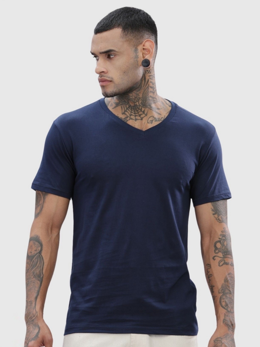 

ADRO Men Solid V-Neck Cotton T-shirt, Navy blue