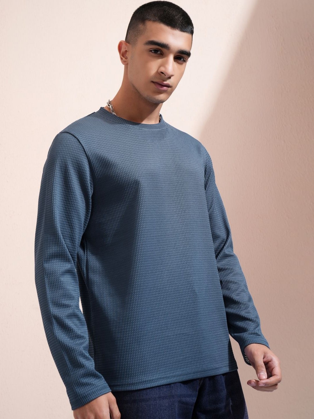 

HIGHLANDER Men Self Design Round Neck Relaxed Fit T-shirt, Blue