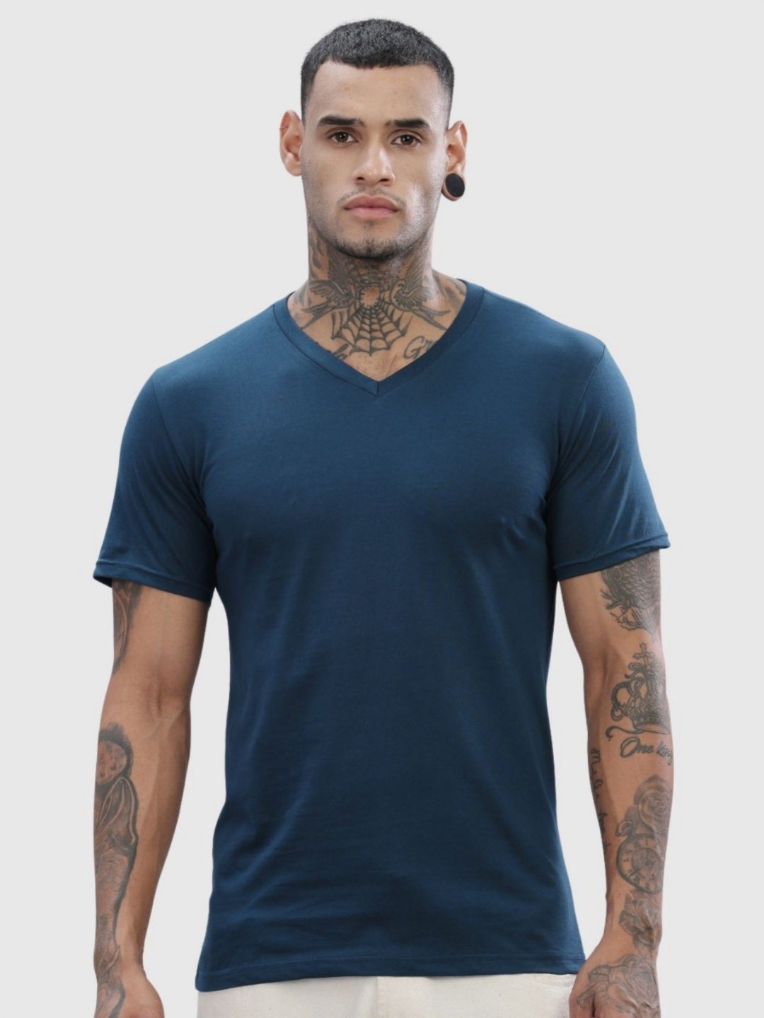 

ADRO Men Solid V-Neck Cotton T-shirt, Navy blue