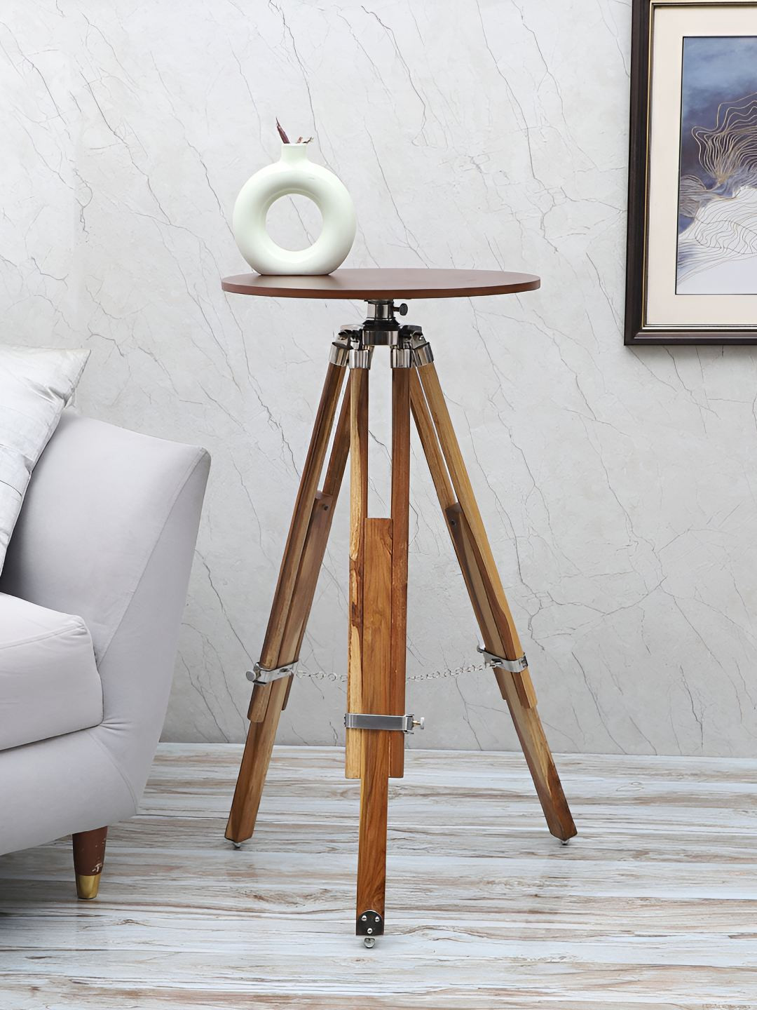 

pristine interiors Beige Wooden Tripod Bedside Table