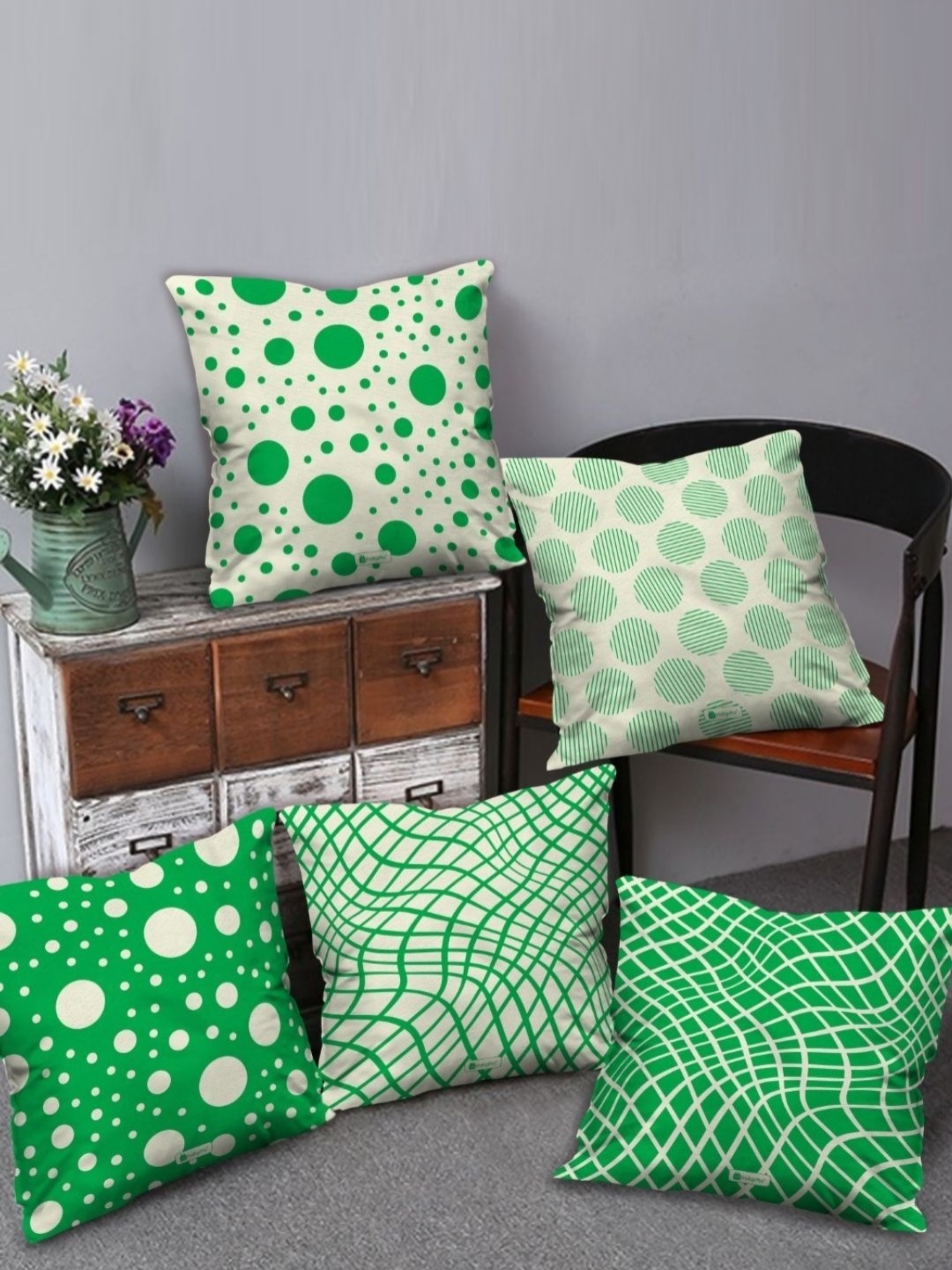 

Indigifts Green & White 5 Pieces Geometric Printed Satin Square Cushion Covers