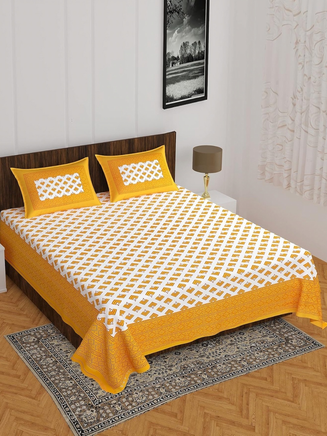 

AYAT COLLECTION Yellow & White Geometric 144 TC Queen Bedsheet With 2 Pillow Covers