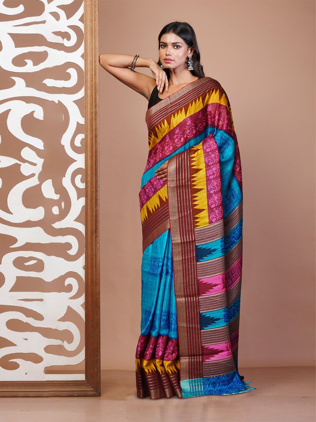 

Unnati Silks Pure Silk Printed Handloom Tussar Saree, Blue