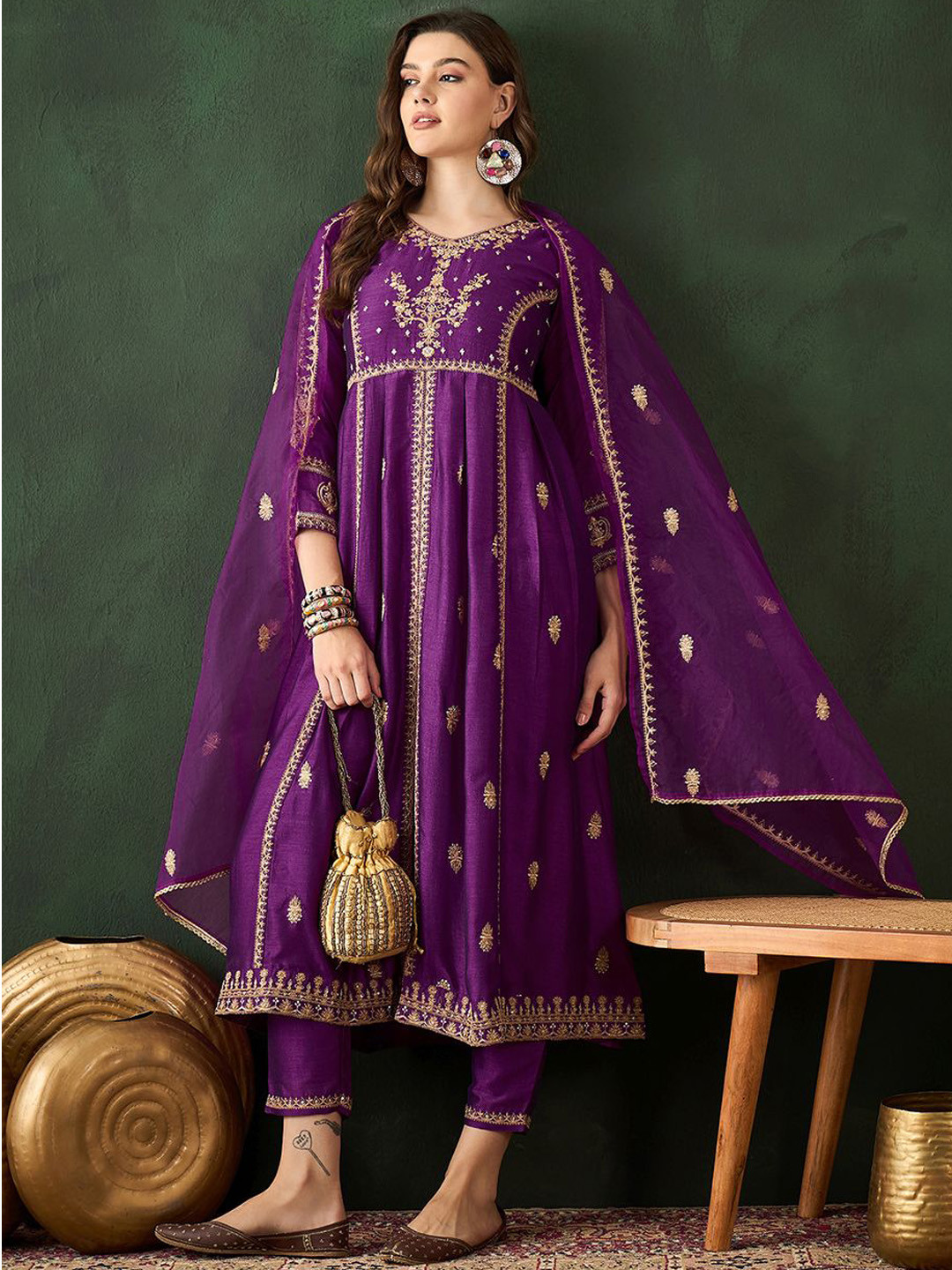 

Sangria Women Embroidered A-Line Kurta Trousers & Dupatta, Purple