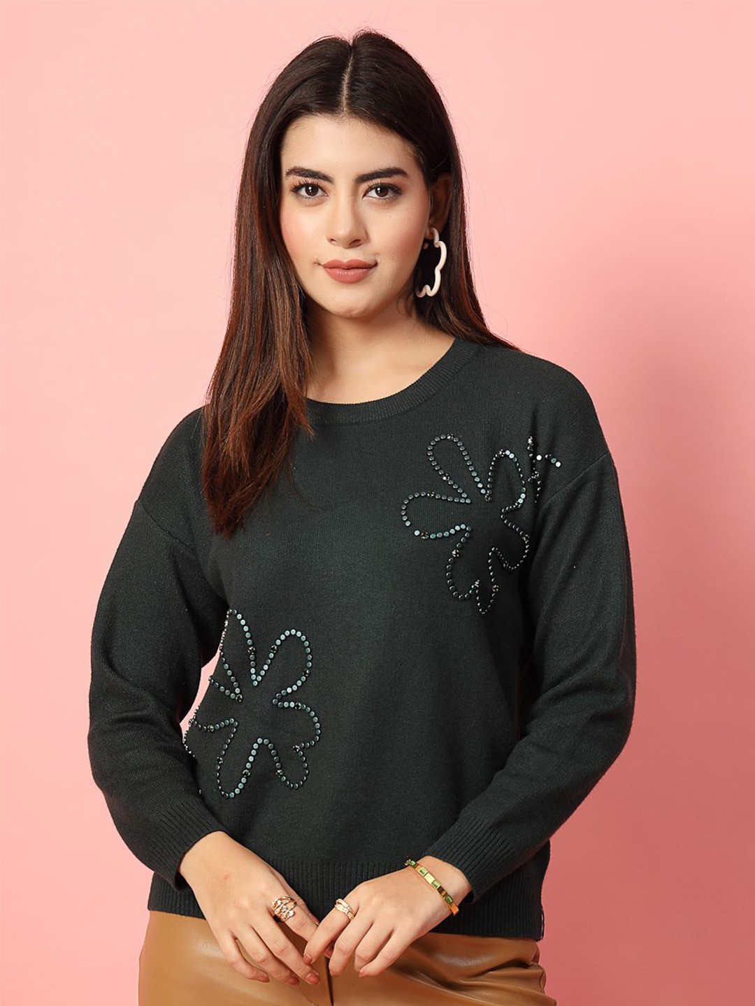 

Mafadeny Women Embellished Round Neck Top, Green