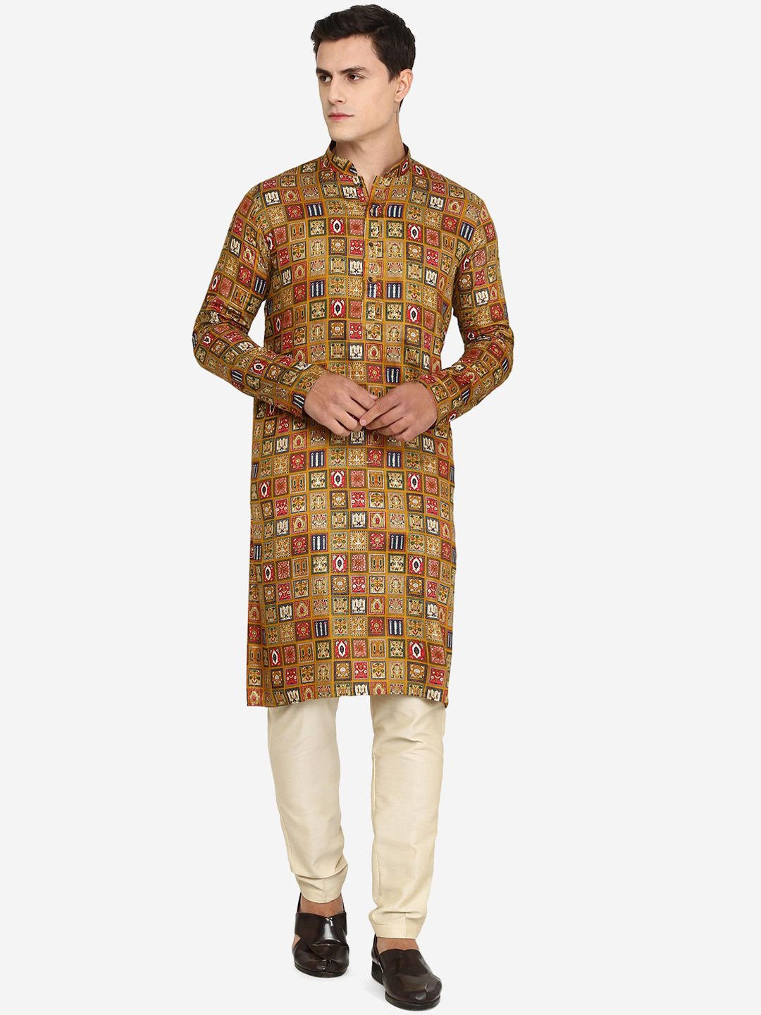 

THE KURTA COMPANY Men Floral Printed Thread Work Kurta, Yellow