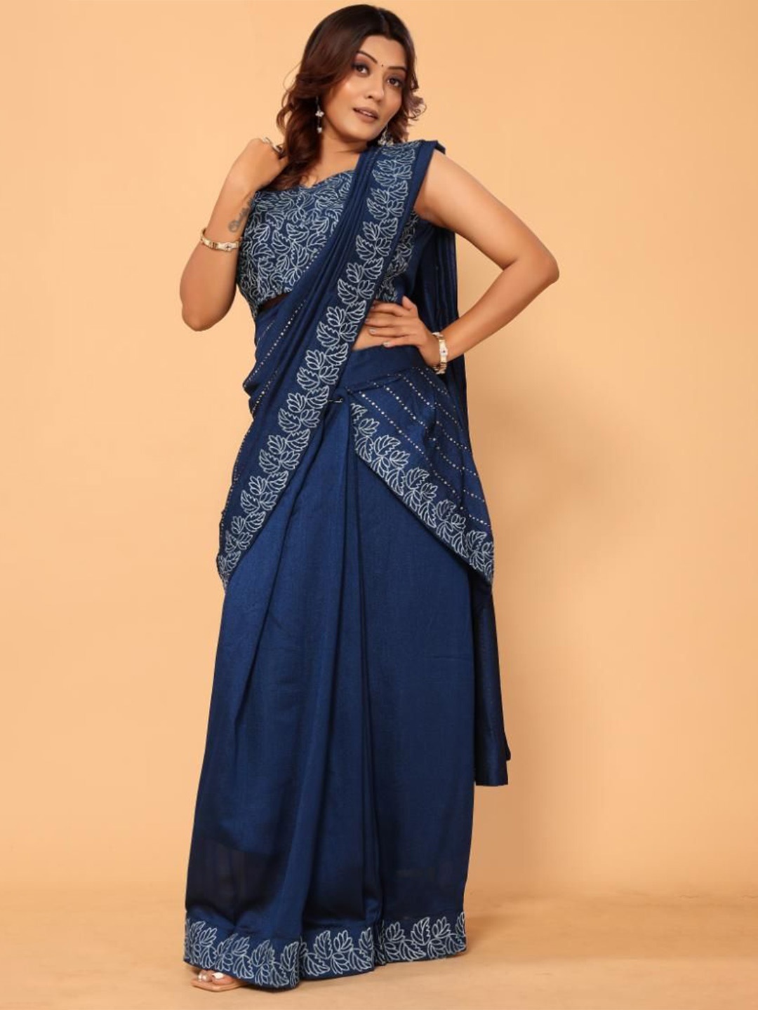 

PATLANI STYLE Floral Embroidered Ready to Wear Saree, Blue
