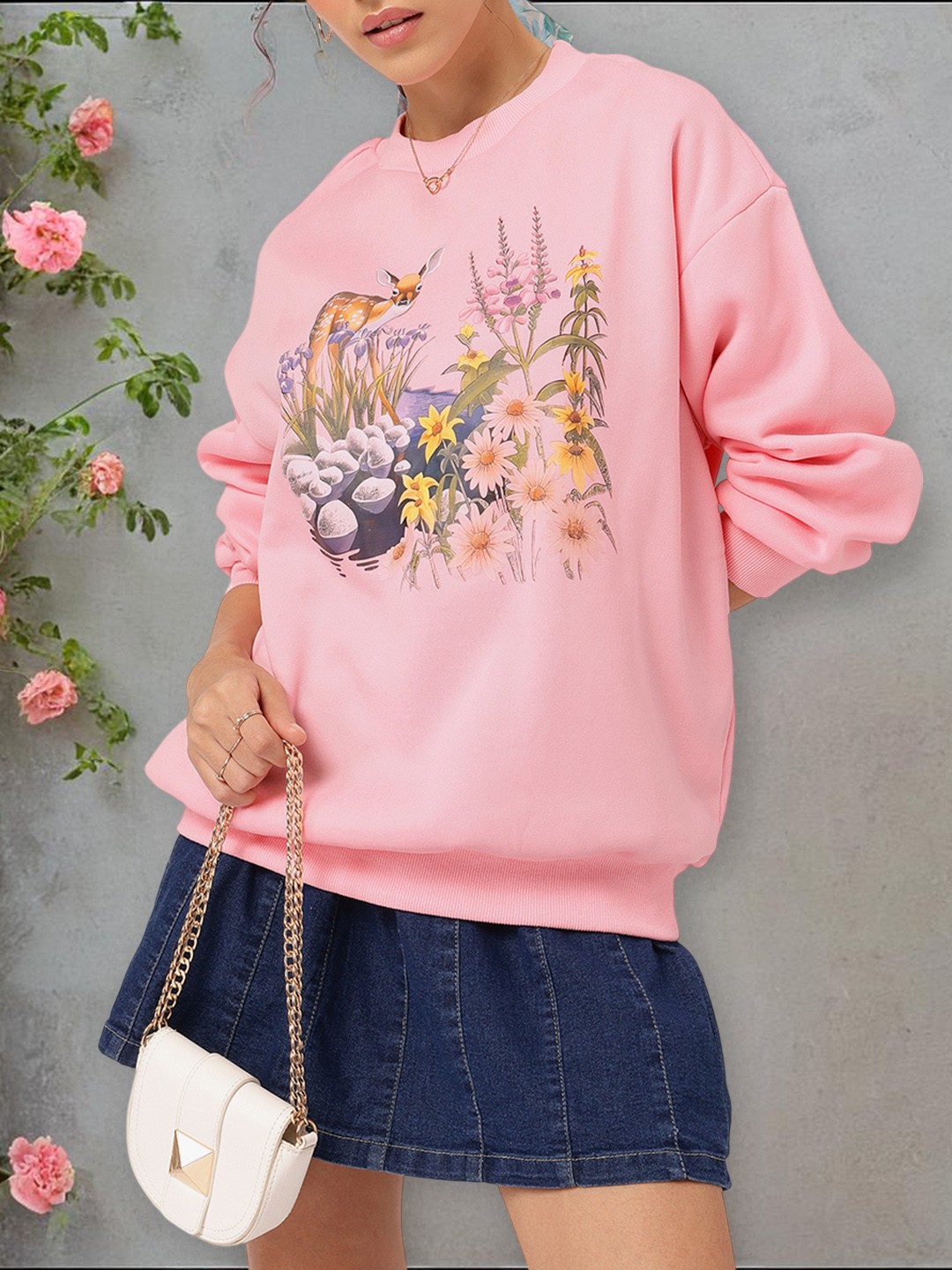 

DressBerry Oversized Vibes Printed Sweatshirt, Pink