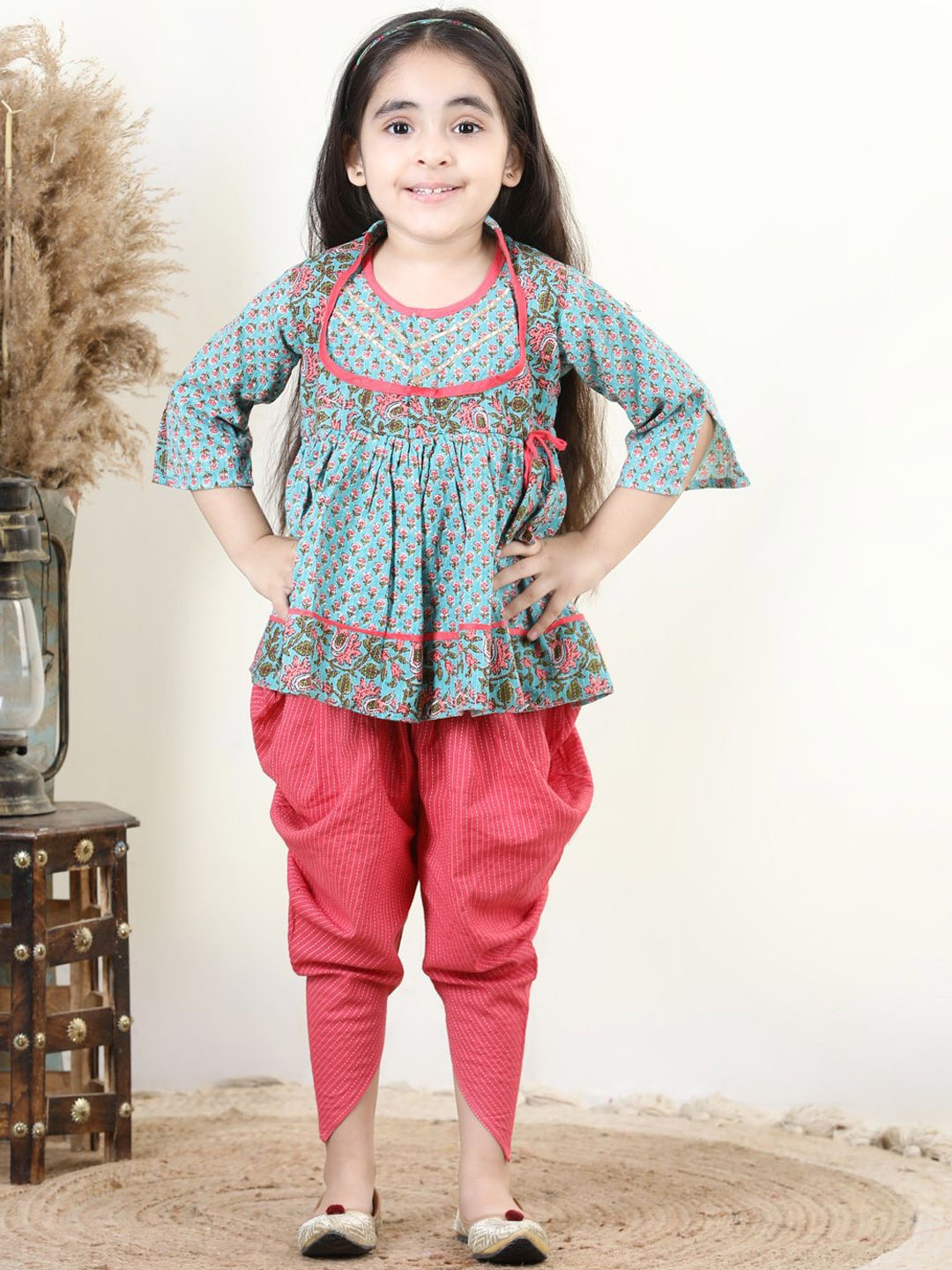 

Here&Now X Kinder Kids Girls Floral Printed A Line Pure Cotton Kurti with Dhoti Pants, Peach
