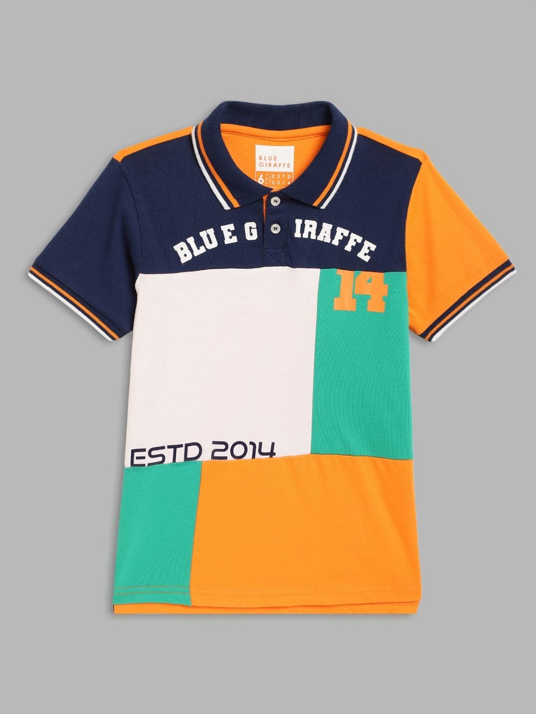 

Blue Giraffe Boys Colourblocked Polo Collar Cotton T-shirt, Orange