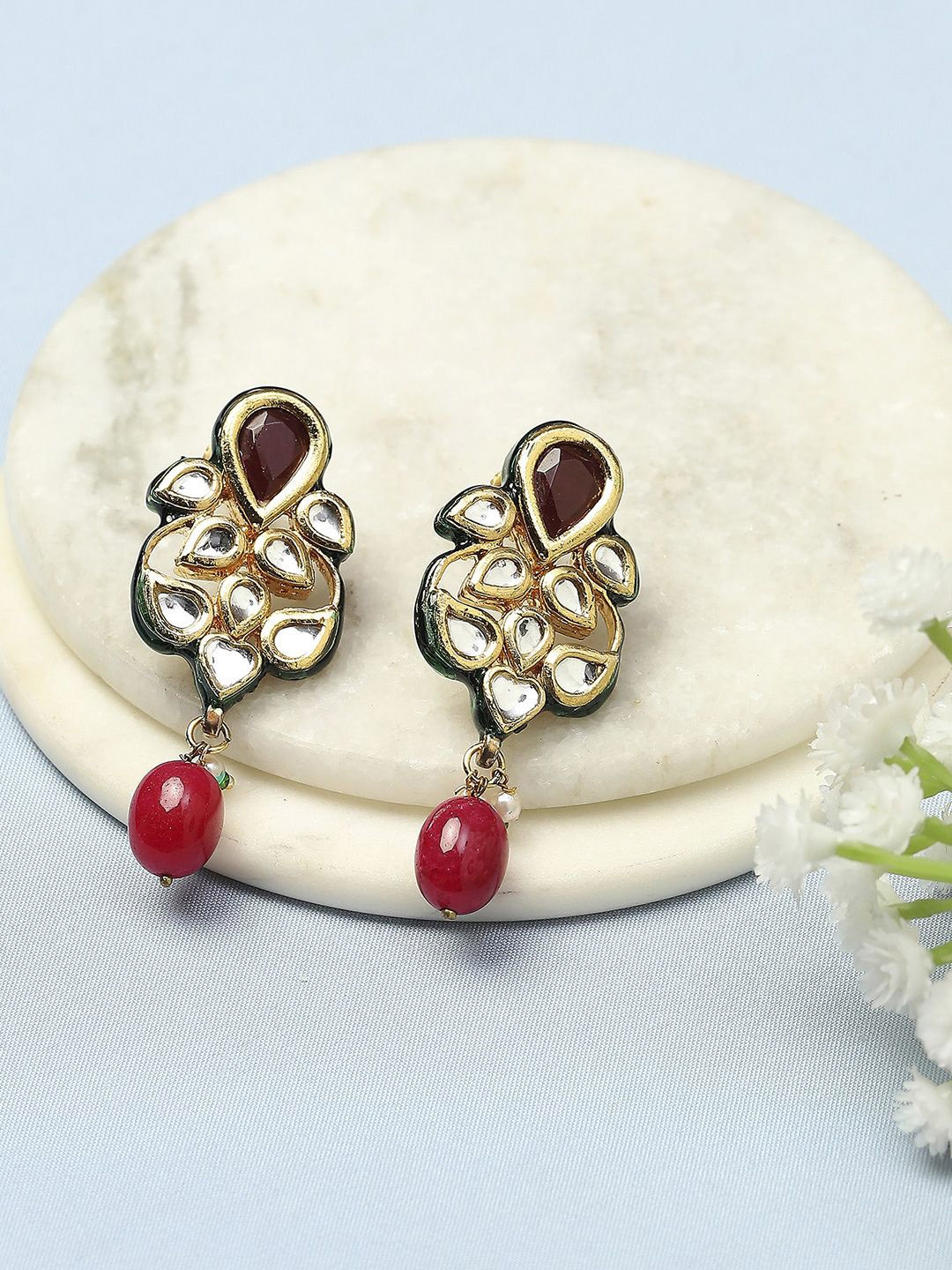 

Biba Gold-Plated Stone Studded & Beaded Contemporary Drop Earrings, Red