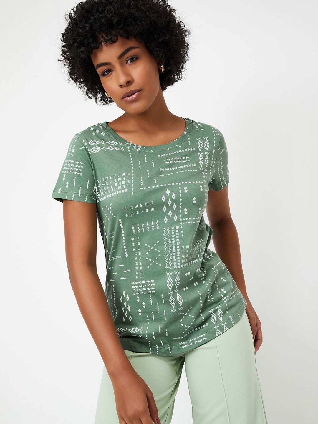 

max Women Abstract Printed Round Neck Cotton T-shirt, Green