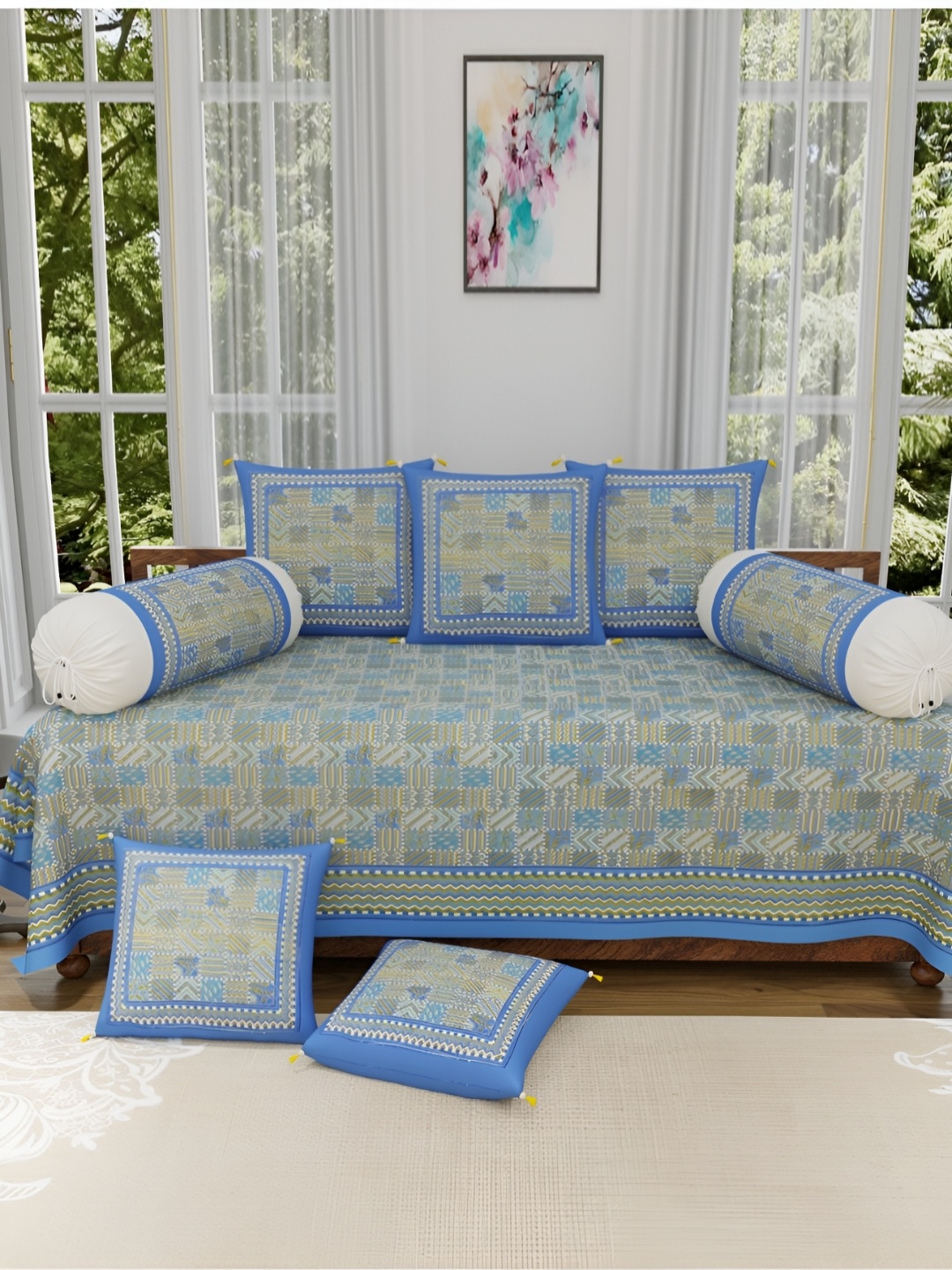

The Craft Monk White & Blue 8 Pieces Ethnic Motifs Printed Pure Cotton Diwan Set