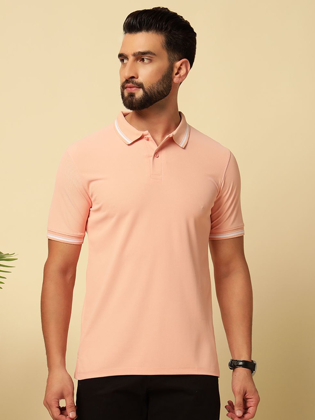 

MUWIN Men Solid Polo Collar Cotton T-shirt, Pink