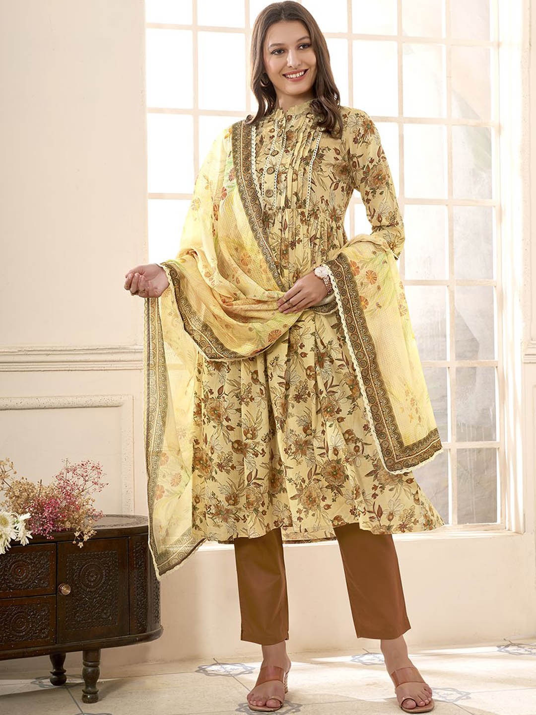 

Anouk Mustard Yellow Floral Printed Pure Cotton Anarkali Kurta with Trousers & Dupatta