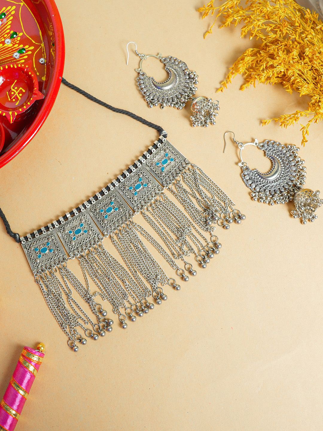 

VIRAASI Beaded Oxidised Jewellery Set, Silver