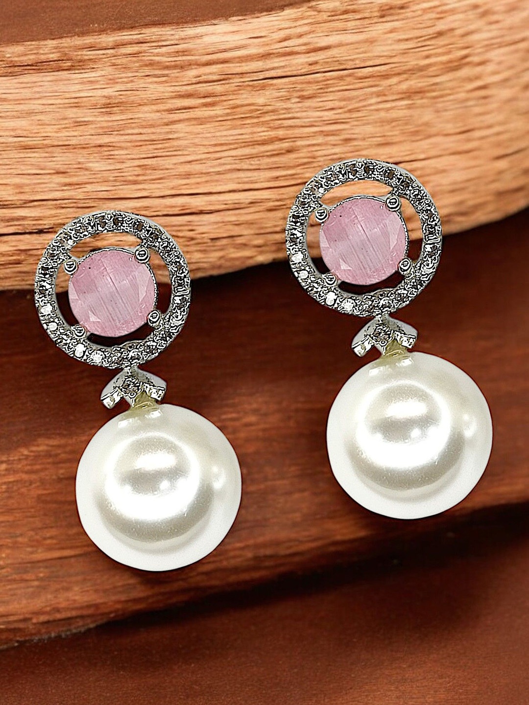 

9blings Silver-Plated American Diamond Studded Circular Drop Earrings, Pink