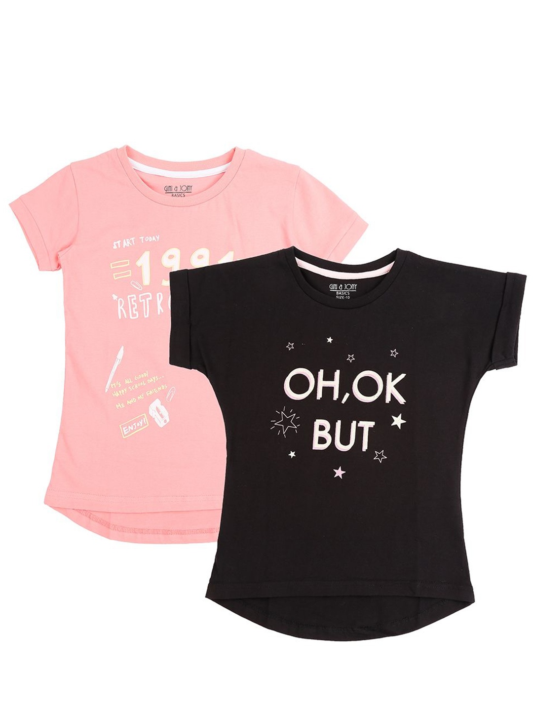

Gini and Jony Pack of 2 Girls Typography Printed Round Neck Cotton T-Shirt, Pink