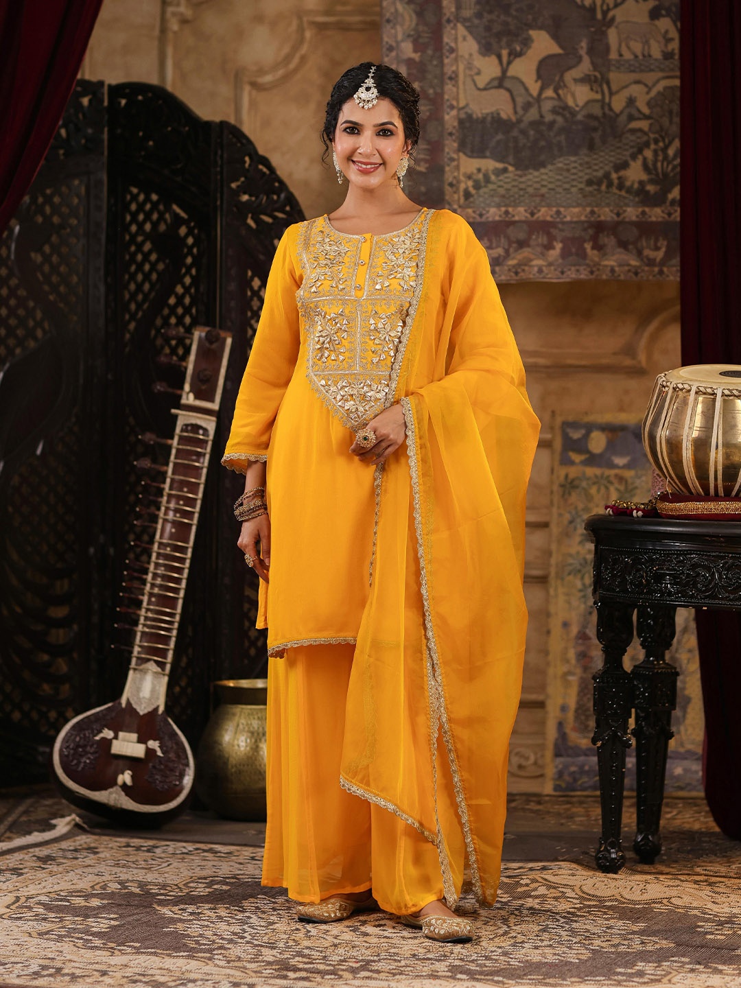 

SCAKHI Ethnic Motifs Embroidered Gotta Patti Kurta with Palazzos & Dupatta, Yellow