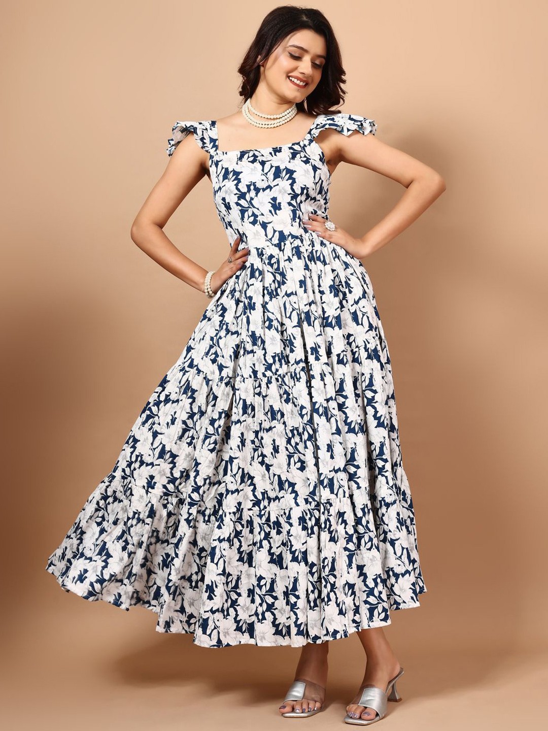 

KALINI Floral Print Crepe A-Line Maxi Dress, White