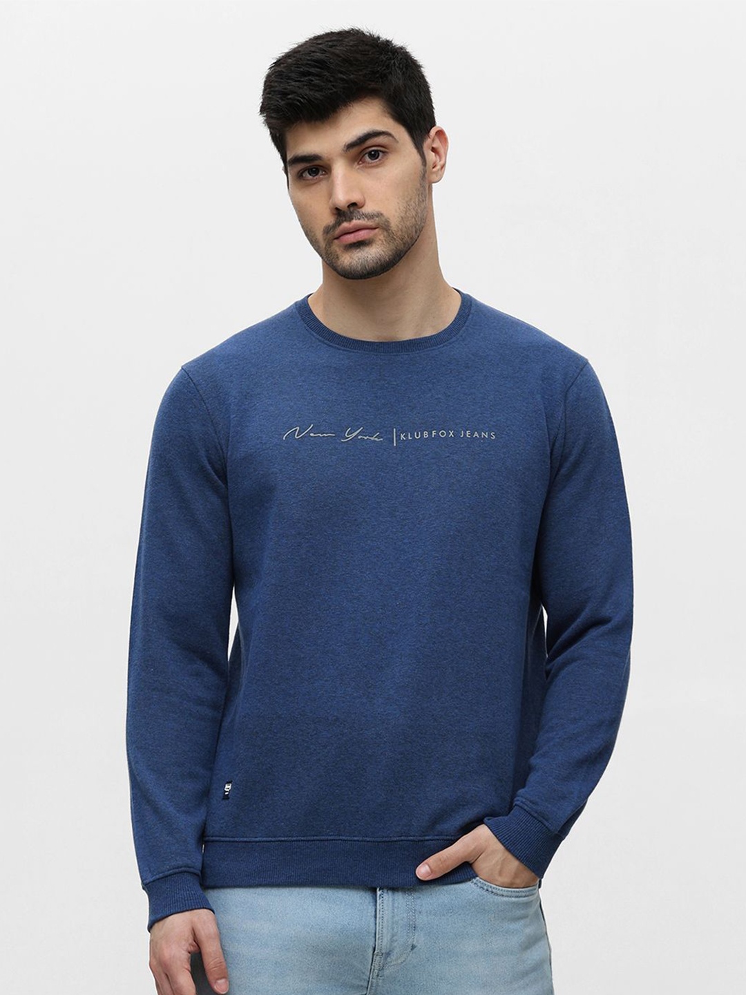 

Klub Fox Men Solid Round Neck Pullover Fleece Sweatshirt, Blue