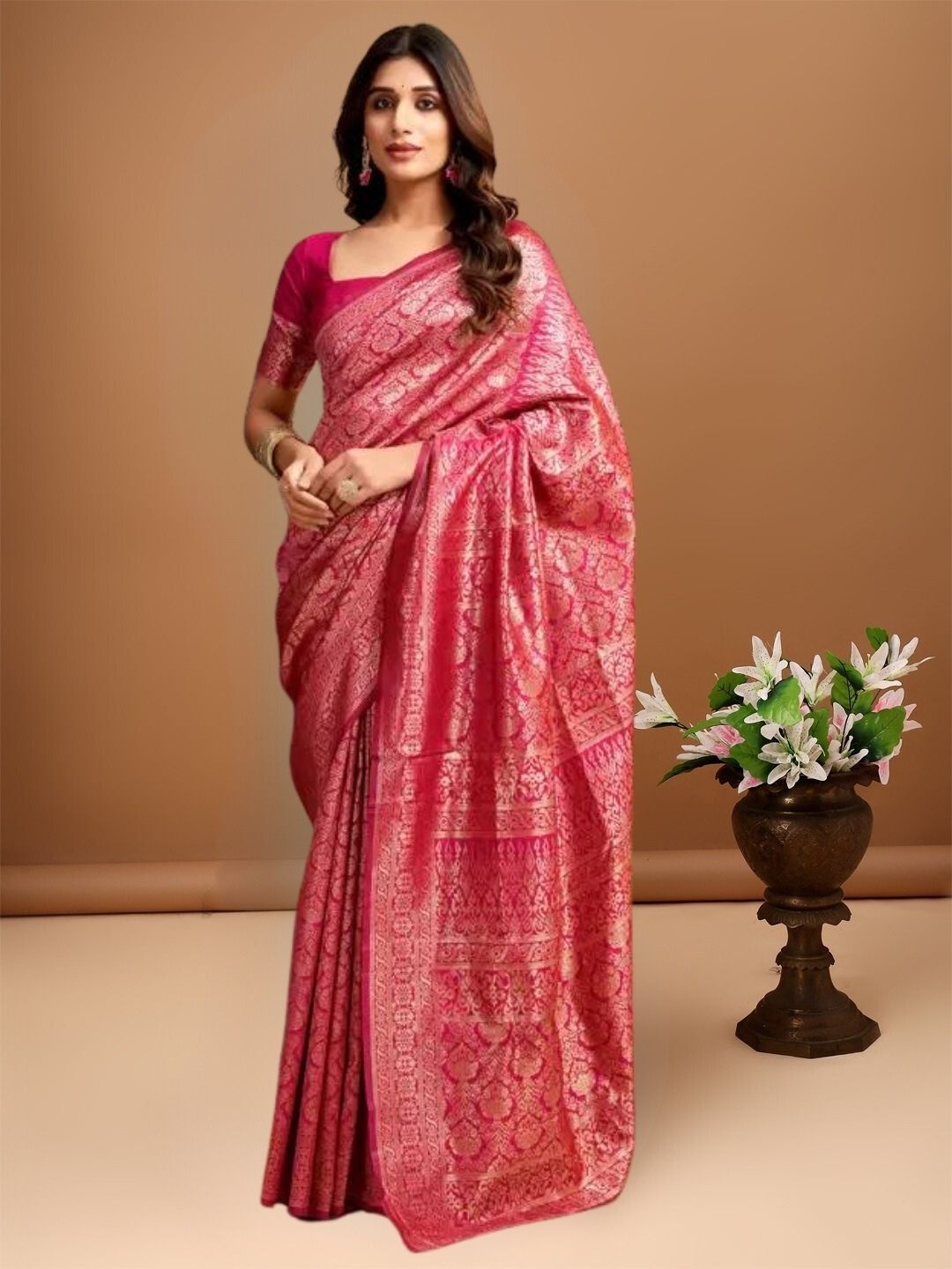 

KAZIA Woven Design Zari Silk Banarasi Saree, Pink