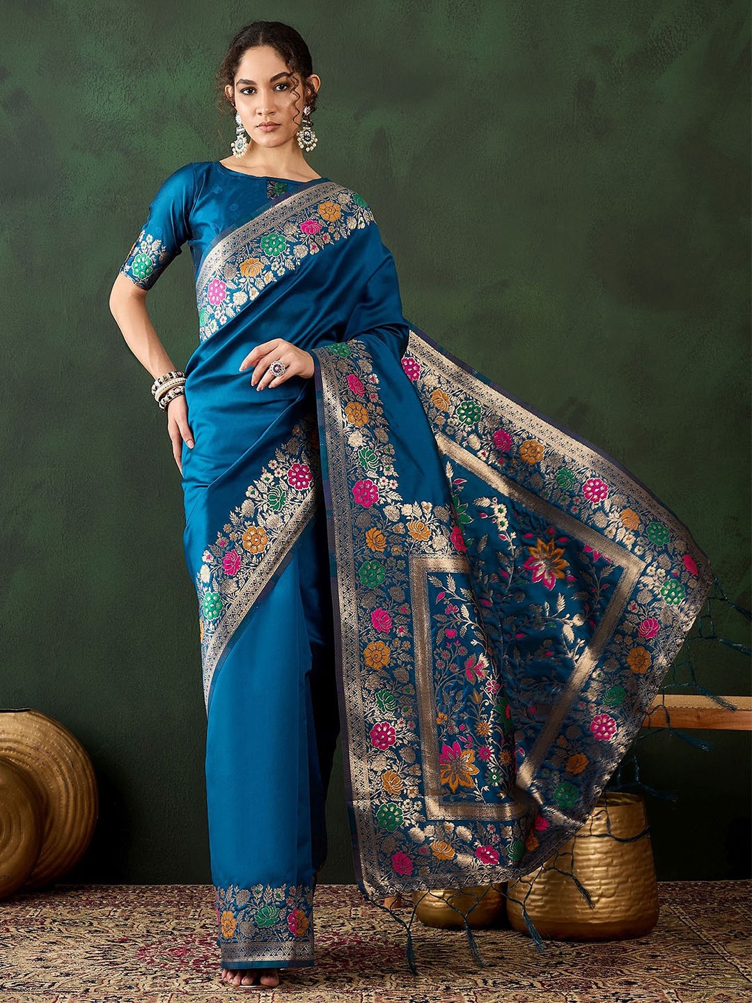 

DIVASTRI Woven Design Zari Silk Blend Designer Kanjeevaram Saree, Teal