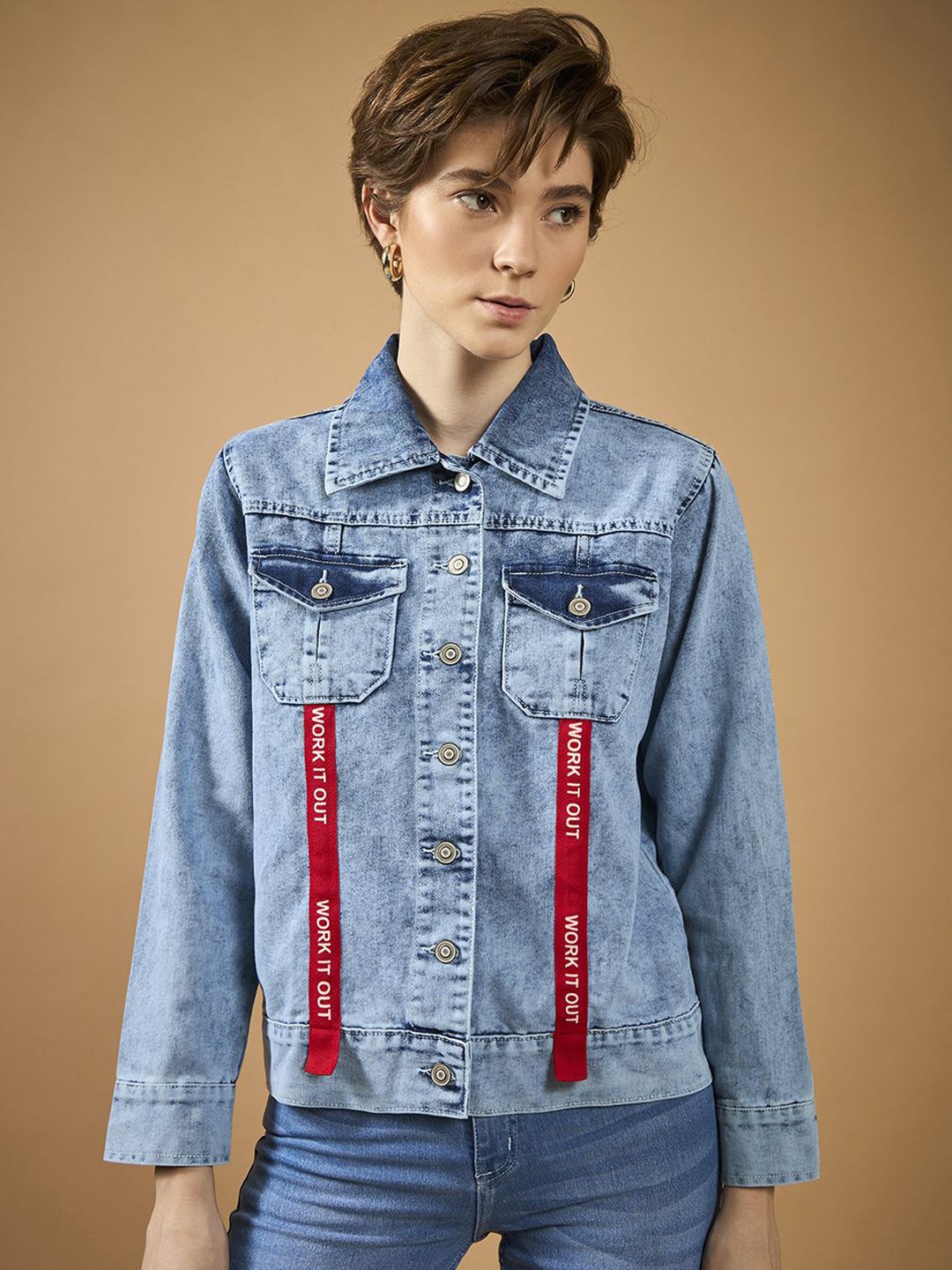 

DOLCE CRUDO Women Spread Collar Washed Denim Jacket, Blue