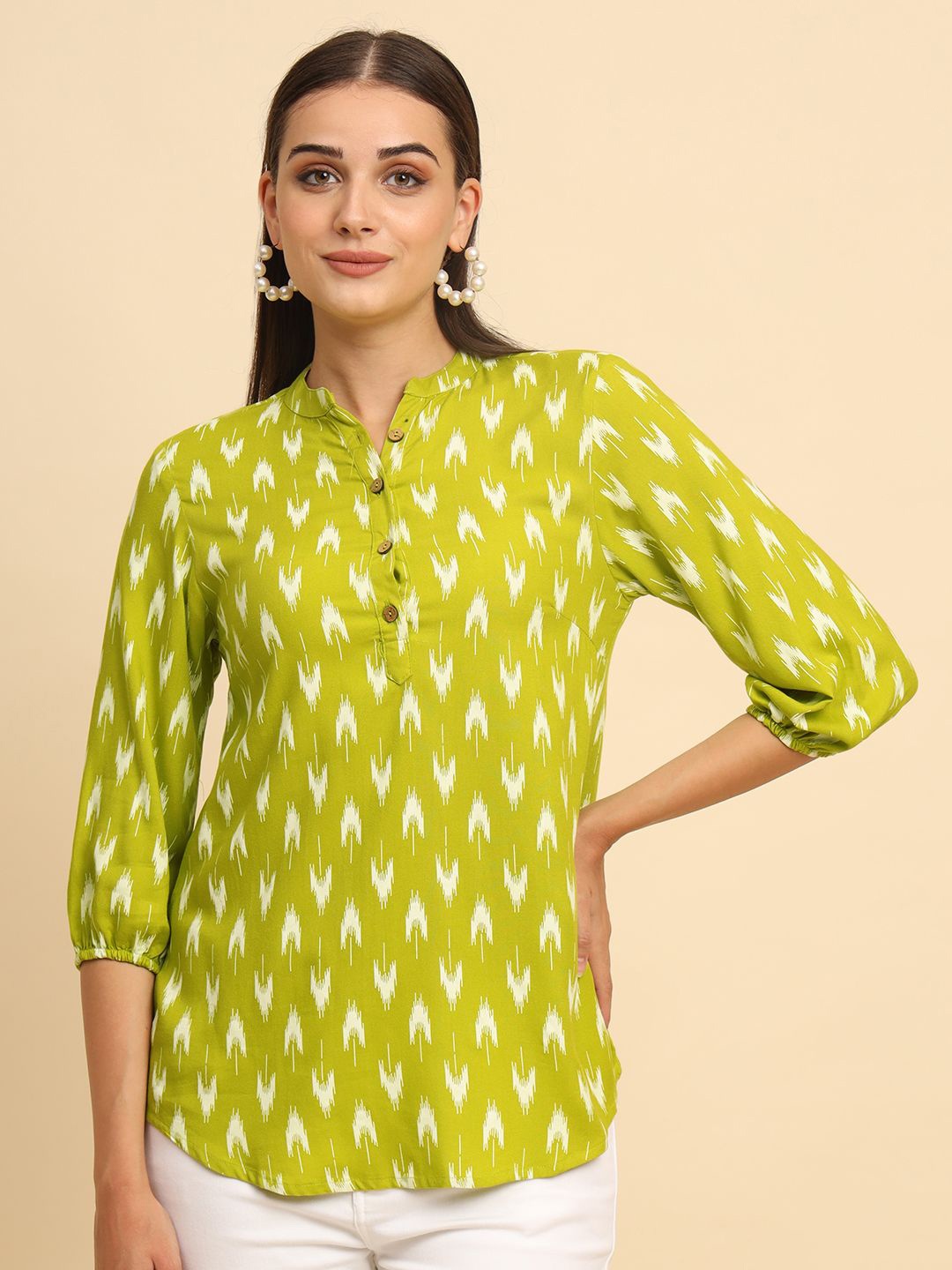 

Anouk Rustic Printed Mandarin Collar Tunic, Lime green