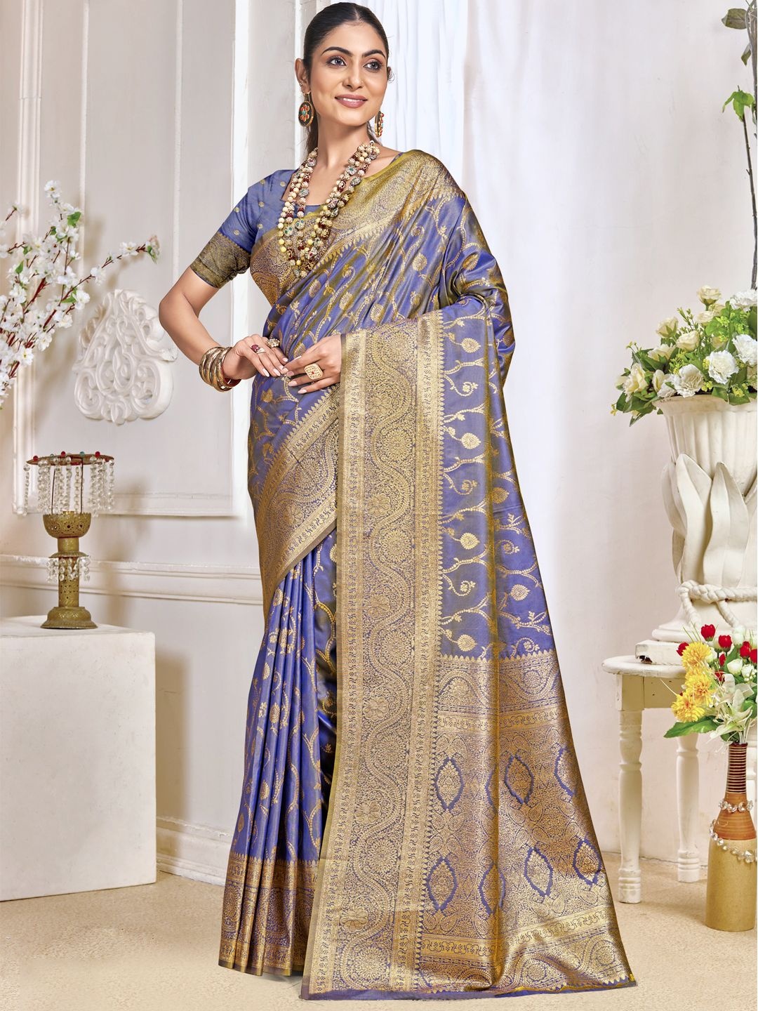 

SANGAM PRINTS Woven Design Zari Silk Blend Tussar Saree, Lavender