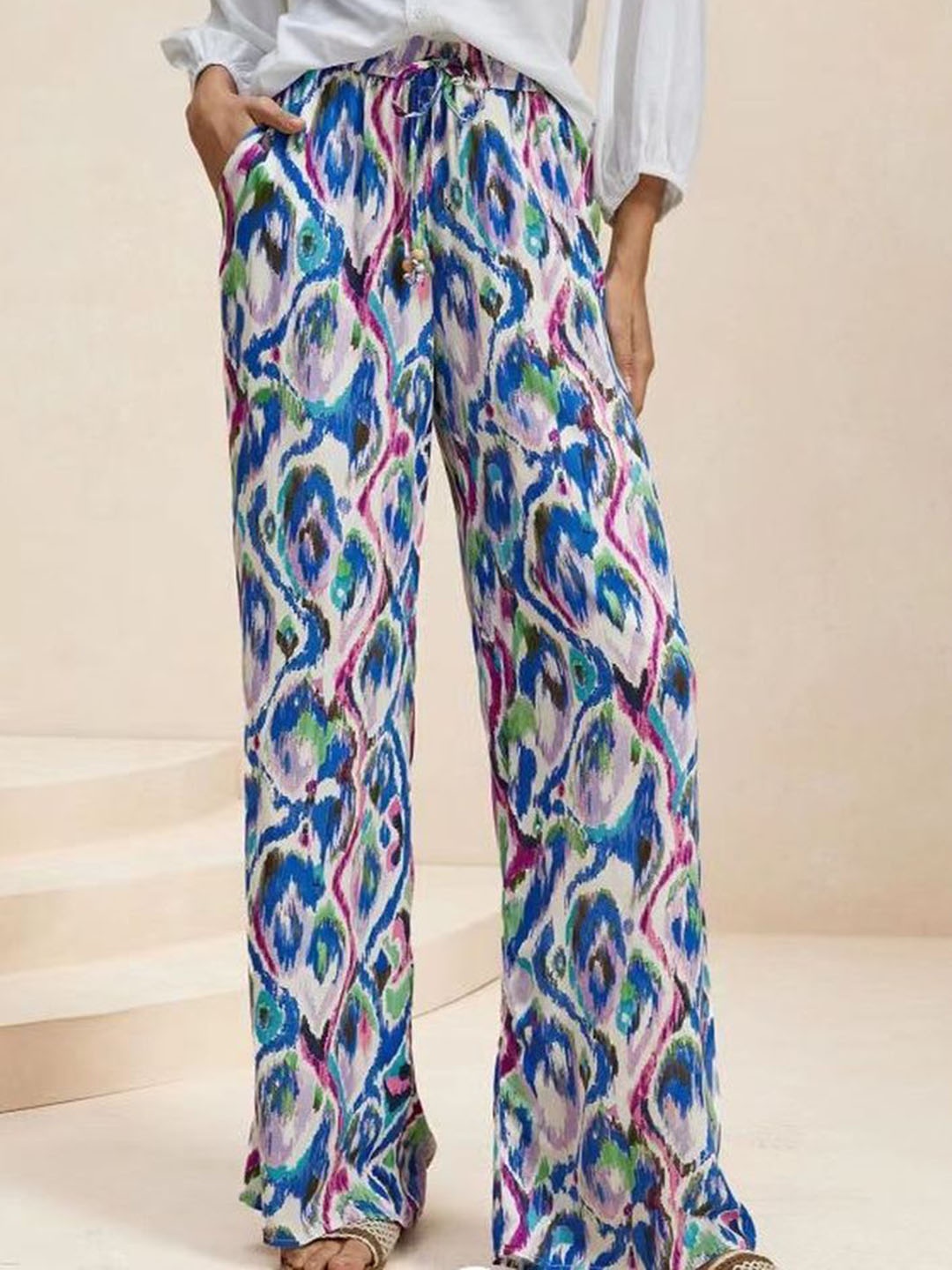 

LULU & SKY Women Ethnic Motifs Printed Straight Fit High-Rise Trousers, White