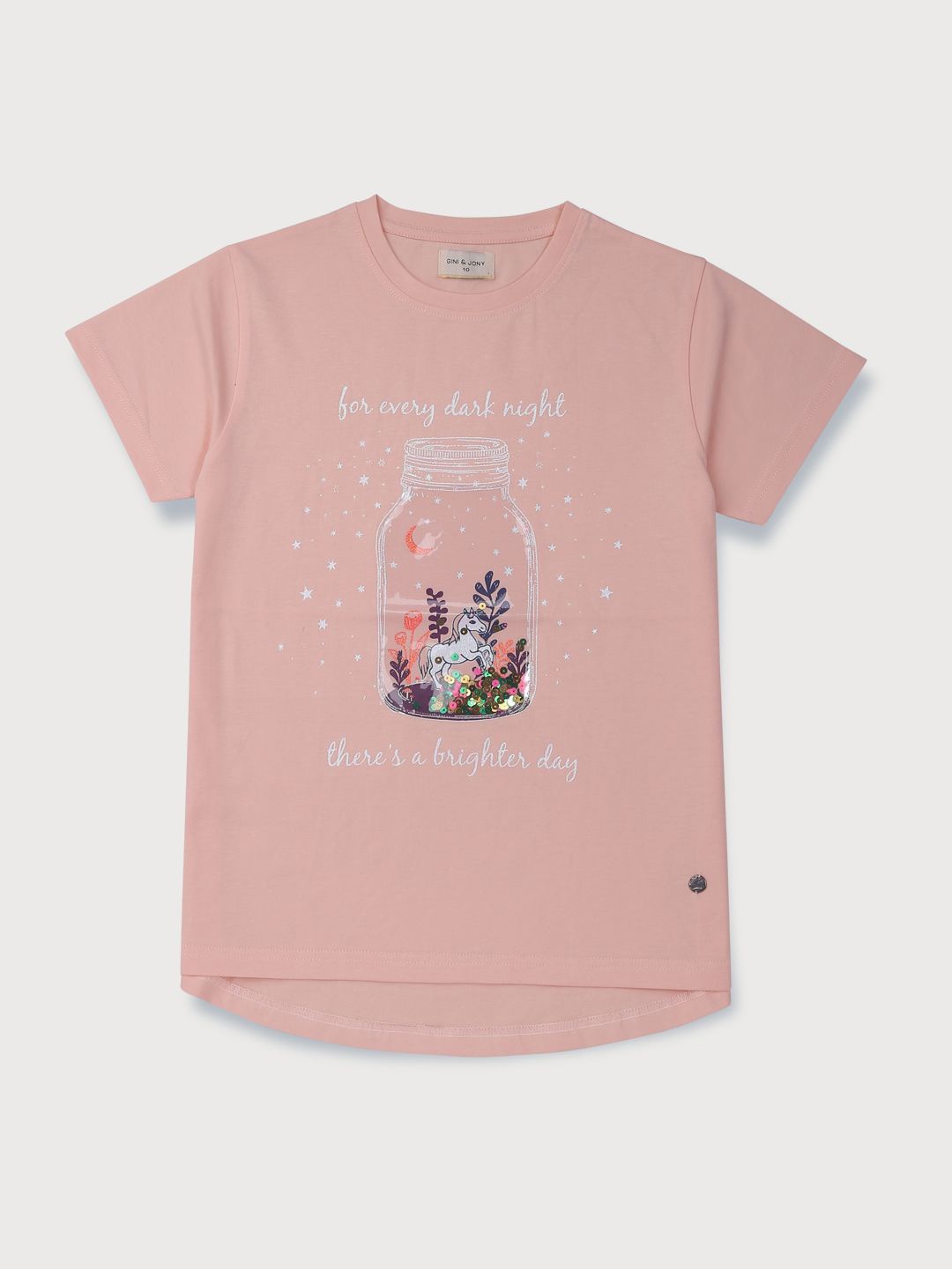 

Gini and Jony Girls Graphic Printed Embellished Cotton T-shirt, Peach