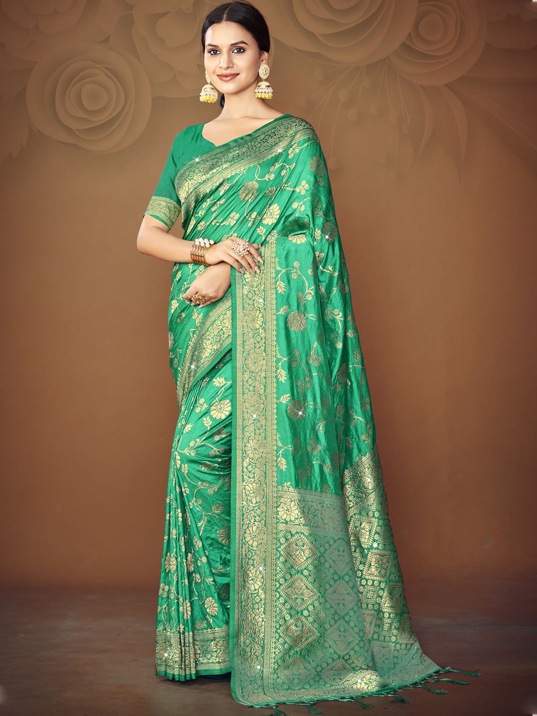 

SANGAM PRINTS Woven Design Zari Tussar Saree, Green