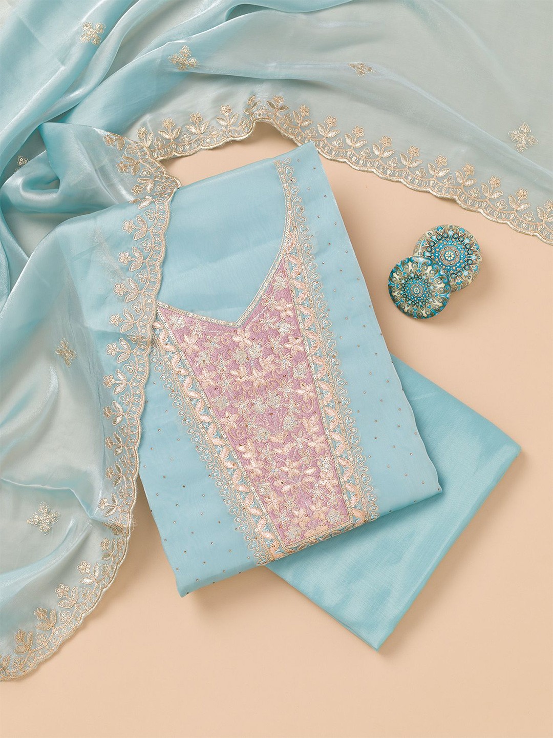 

Koskii Floral Embroidered Sequinned Tissue Unstitched Dress Material, Blue