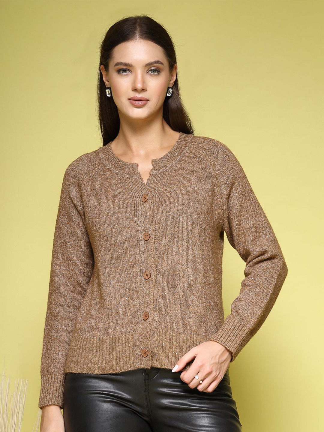 

Mafadeny Women Self Design Round Neck Top, Brown