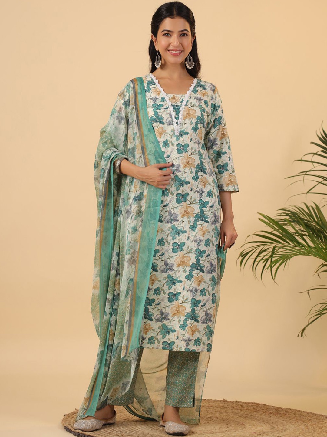 

KALINI Women Floral Printed Kurta with Trousers & With Dupatta, Beige